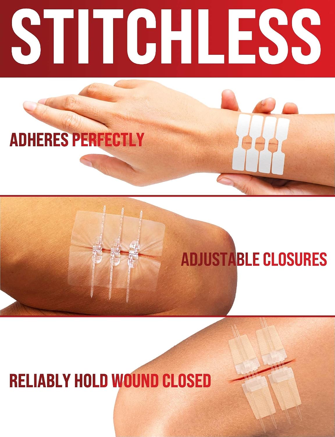 Wound Closure Strips - 24pk/3 Types - Butterfly Bandages for First Aid Kit | Emergency Sterile Laceration Kit - Stitchless & Easy to Use - Perfect for Quick Stop Bleeding and Painless Wound Closing - Image 3