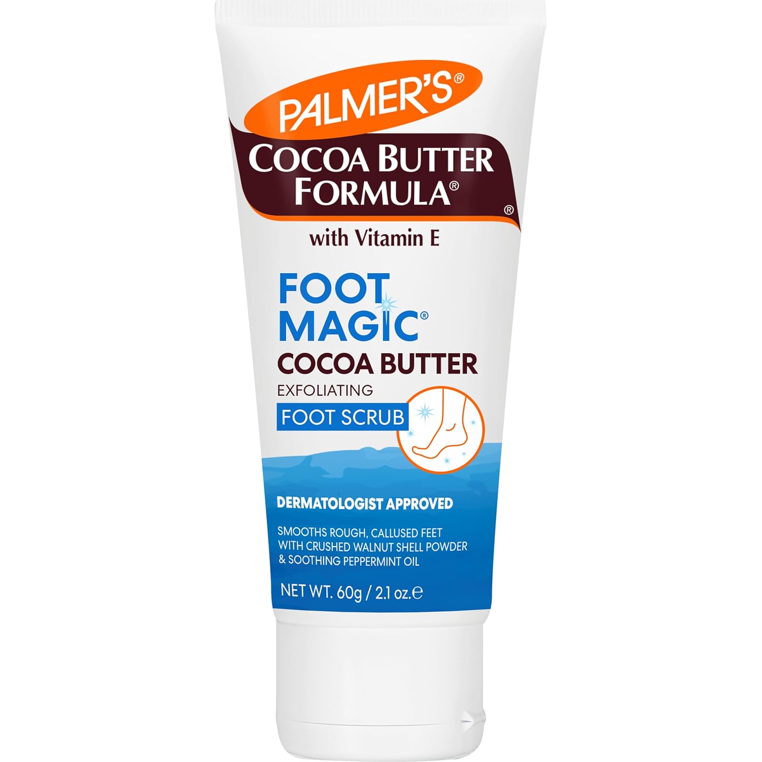 Palmer's Exfoliating Foot Scrub, Foot Magic Cocoa Butter Formula (2.1 Oz) | Smooths rough, dry cracked feet with Vitamin E, Peppermint Oil and Walnut Shell Extract. Use with foot scrubber for pedicure.