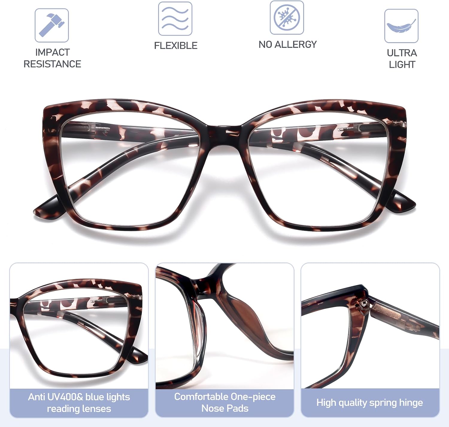 Reading Glasses for Women, 1.50 Fashion Oversized Blue Light Readers | TR90 Lightweight Cat Eye Frames Spring Hinge Eye Glasses with Blue light Protection for All Day Comfort wear & Anti Eyestrain - Image 4