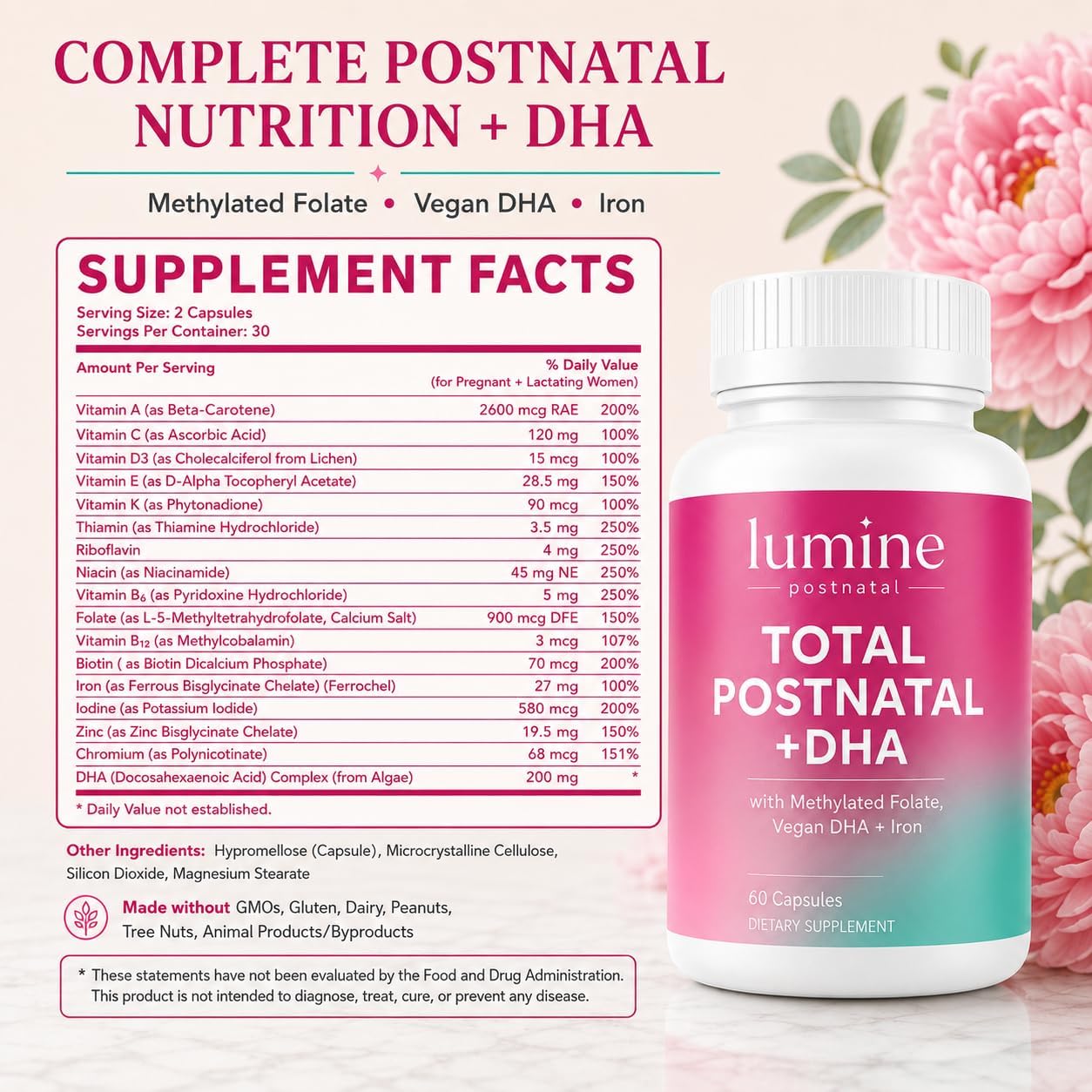 LUMINE Organics Postnatal Vitamins for Women 60 Capsules | Postnatal Nutrition with 20 Essential Nutrients, 200 mg Plant-Based DHA, Methylated Folate, Iron and Biotin for New Moms - Image 8