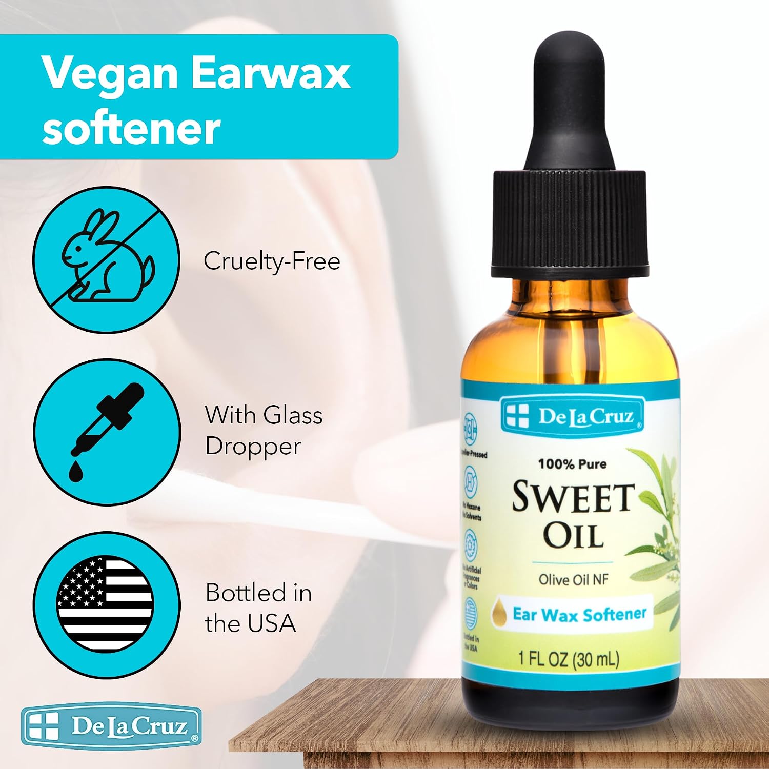 De La Cruz Sweet Oil, Ear Oil, Natural Ear Wax Softener, 1 fl. oz (30 mL) | 100% Pure Olive Oil NF Grade, Earwax Softener, Gentle and Safe Ear Care for the Whole Family, with Dropper, Bottled in USA - Image 7
