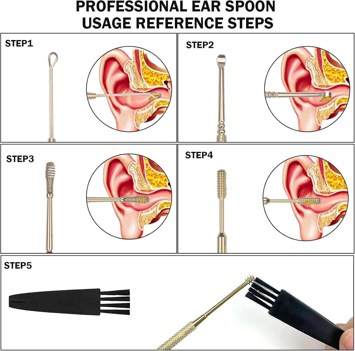 Hion 6 Pcs Extended Ear Wax Removal Kit,Professional Double-Headed Ear Pick Earwax Removal Tools,316L Stainless Steel Ear Cleaner Curette with Cleaning Brush and Storage Box,Suit for Kid Adult(Gold) - Image 4