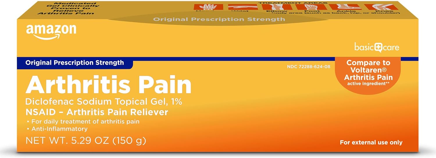 Amazon Basic Care Diclofenac Sodium Topical Gel, 1% (NSAID), Arthritis Pain Reliever for Hand, Wrist, Elbow, Foot, Ankle and Knee Pain Relief, 5.29 oz (150 grams) (Packaging may vary)