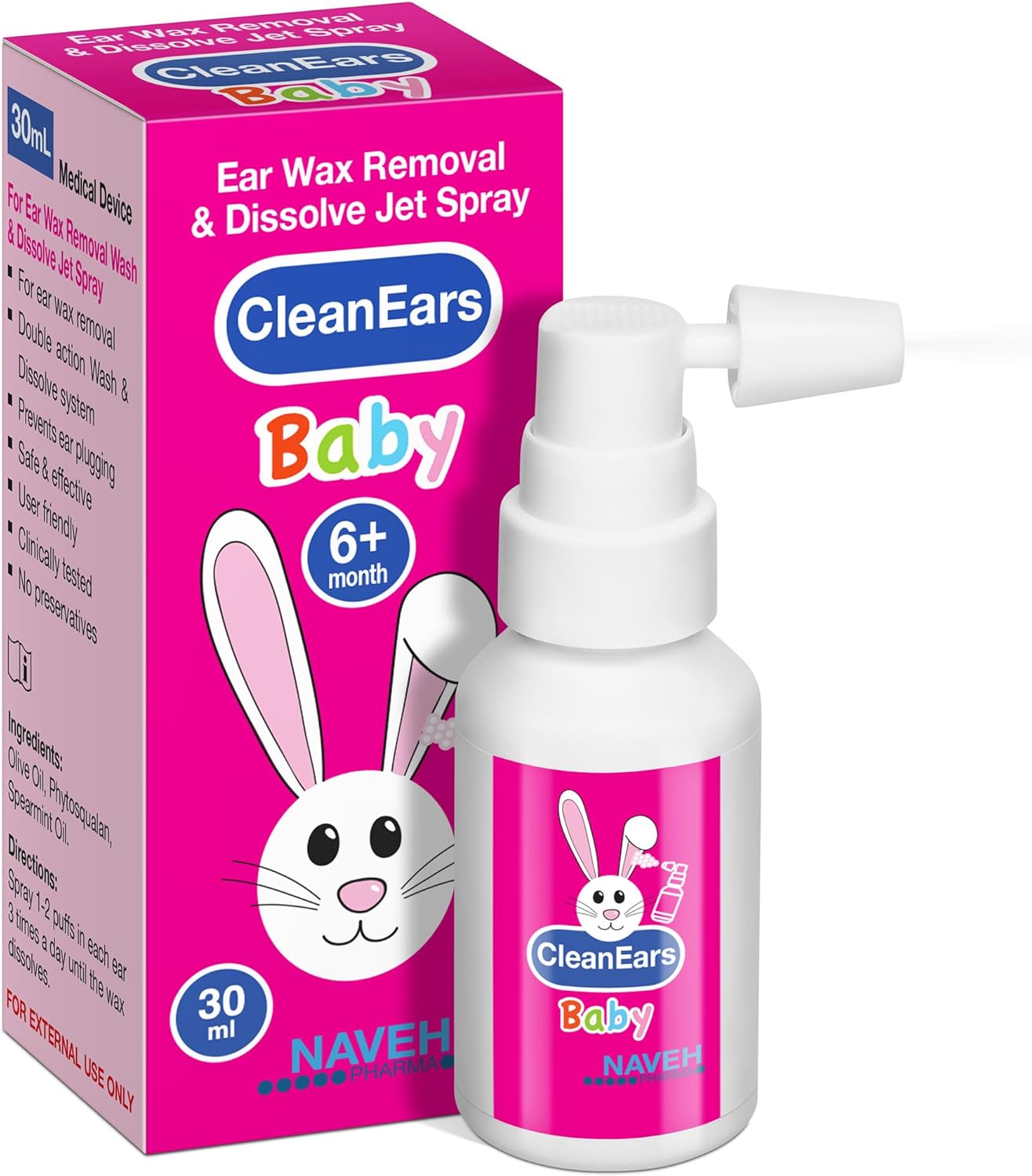 NAVEH PHARMA® CleanEars Baby Ear Wax Removal Spray — Gentle Earwax Softening for Infants & Children, Mild Non-Greasy Formula, Easy Spray Application (1 OZ)