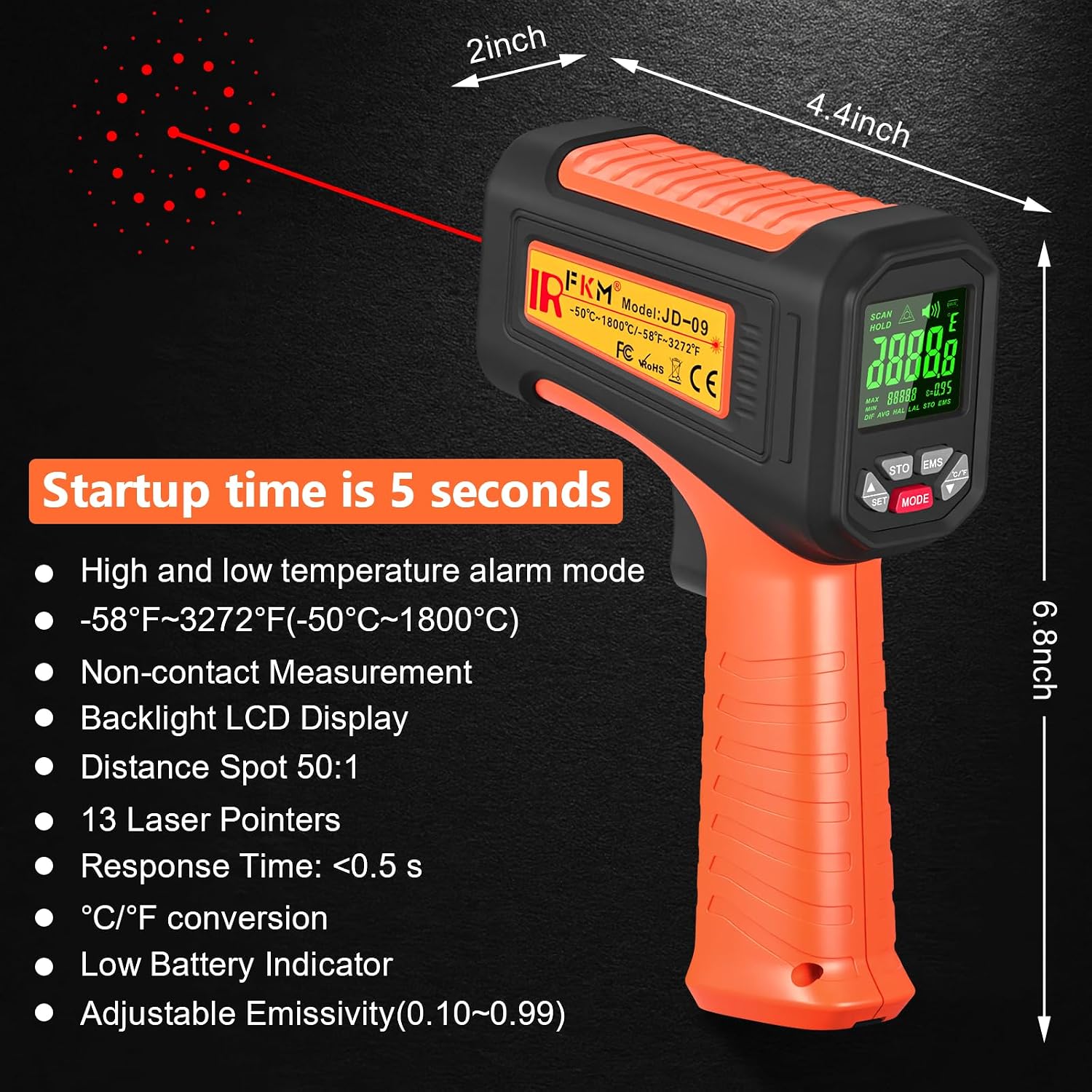 -58°F ~3272°F FKM Infrared Thermometer High Temperature Gun 50:1 Ratio | Digital IR Temp Gun,High Precision-Laser Thermometer Gun for Cooking,Kilns,Forges,Engine,HVAC,Industrial and Home Repair - Image 9