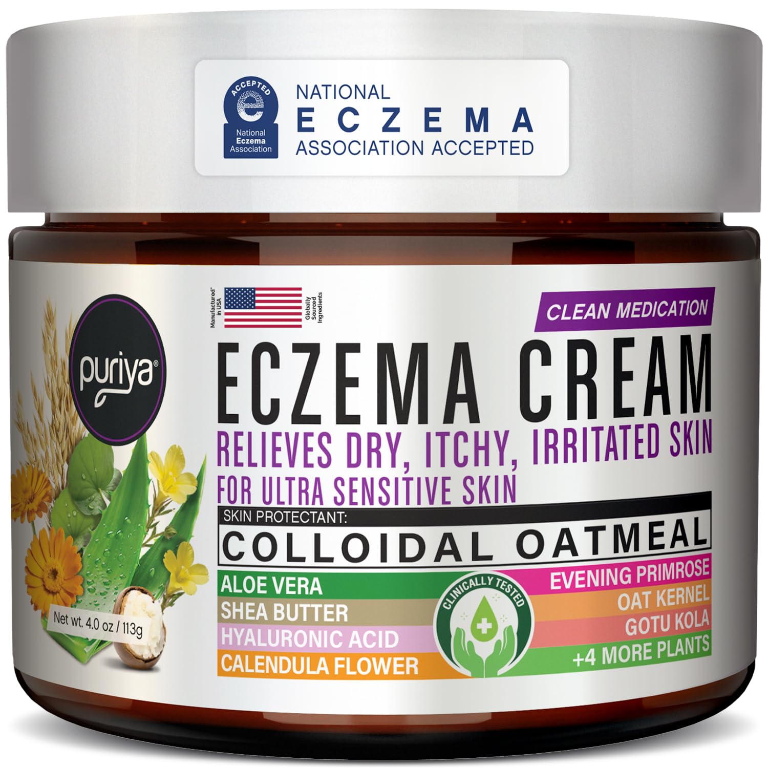Puriya 5-in-1 Eczema Cream for Kids, Adults, Babies, Colloidal Oatmeal 4 oz | Relieves Itch, Deep Hydration, Supports Skin Barrier, 25 Skin Hydrators, For Atopic Dermatitis, Face, Body, Clinically Tested