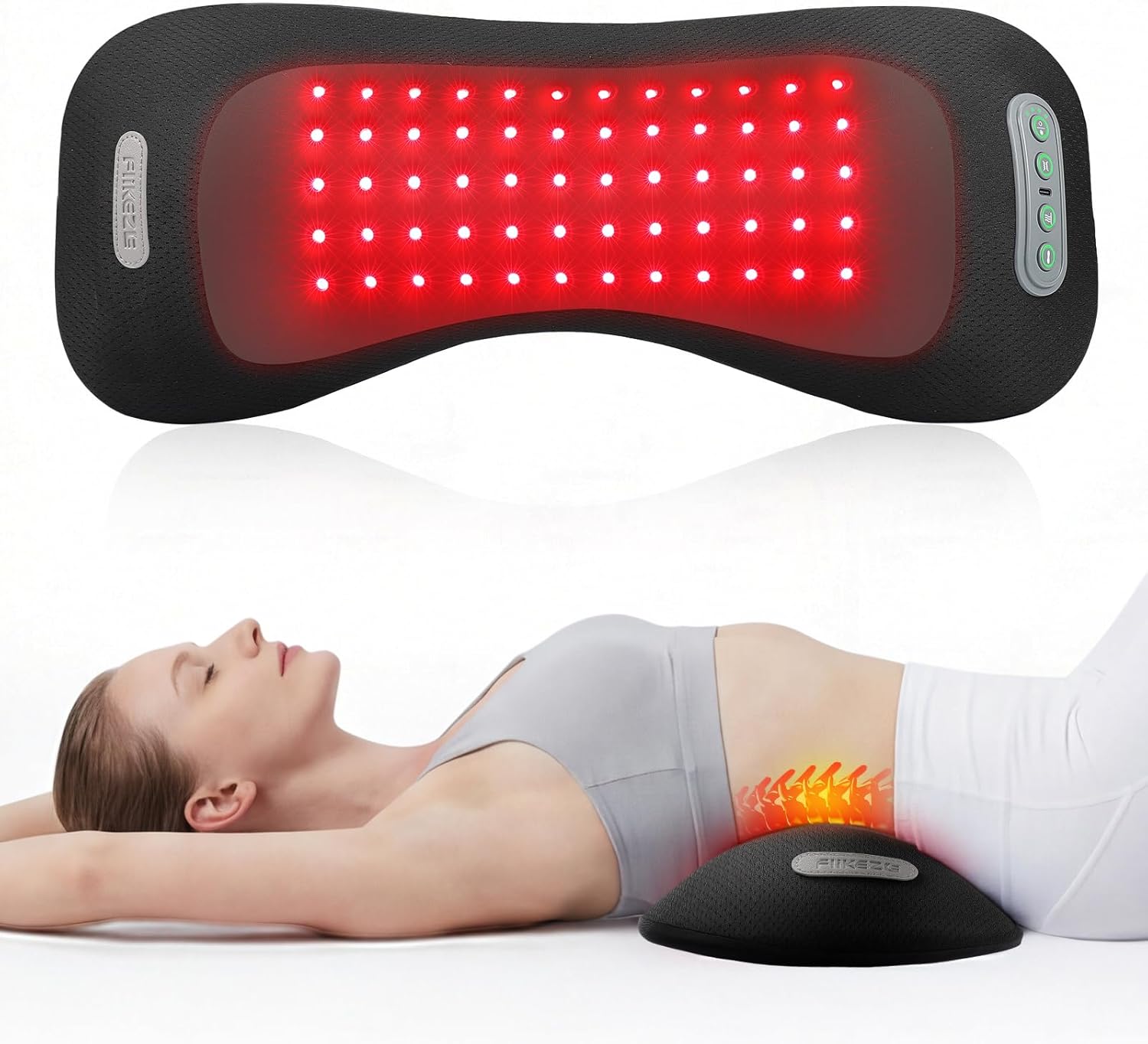 FliKEZE 4-in-1 Lumbar Massager with Red Light 650/850nm Cordless 5000mAh | Lumbar Support Pillow Lower Back Massager with Vibration, Airbag Traction & Heating for Back & Waist Comfort, FSA Eligible