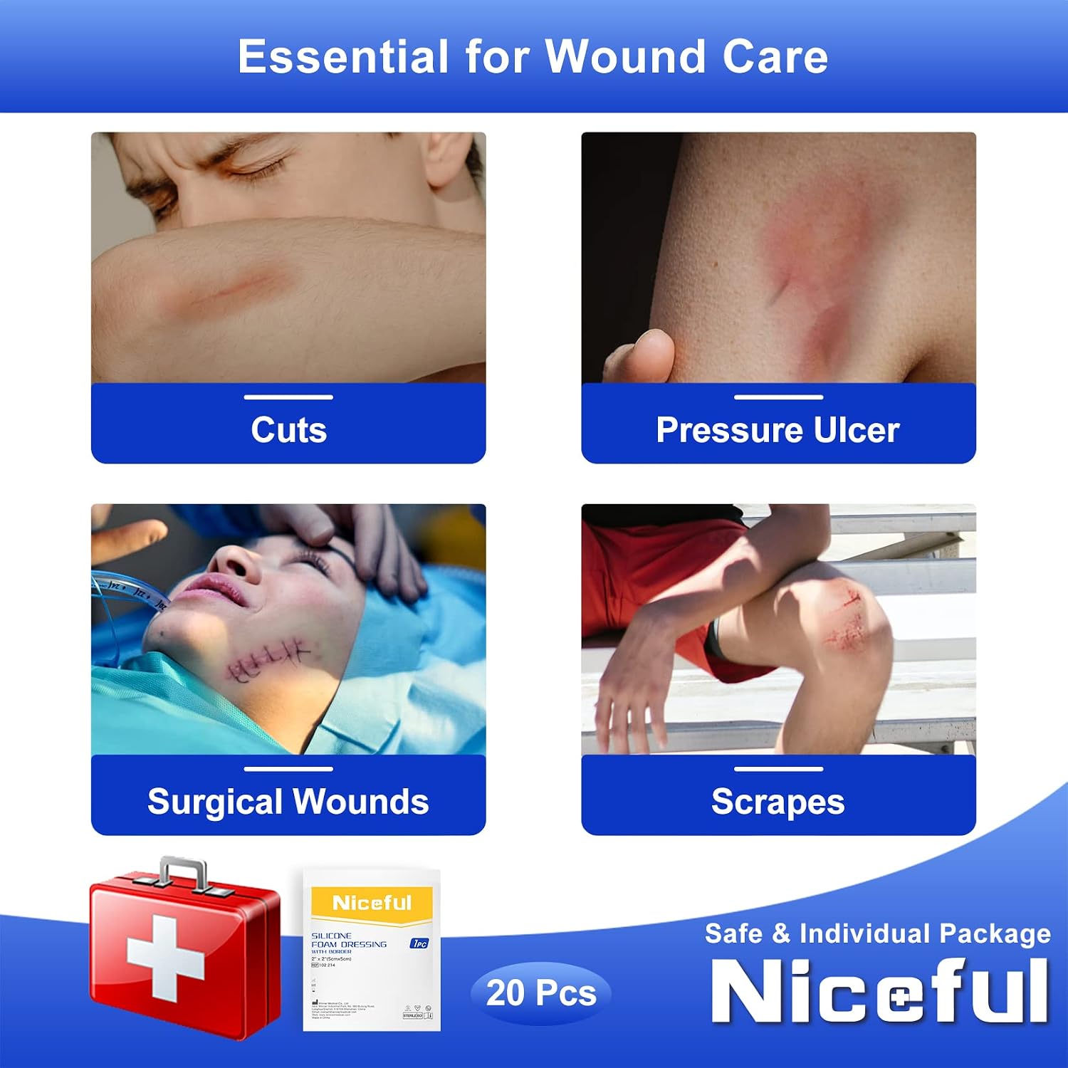 Niceful Silicone Foam Dressing Gentle Border 2"x2" 20 Count, Extra Hold | Gentle Border Foam Bandage, 5-Layer Absorption, Waterproof Pain-Free Removal, Cuts & Mild Burns, 20 Individually Wrapped - Image 5