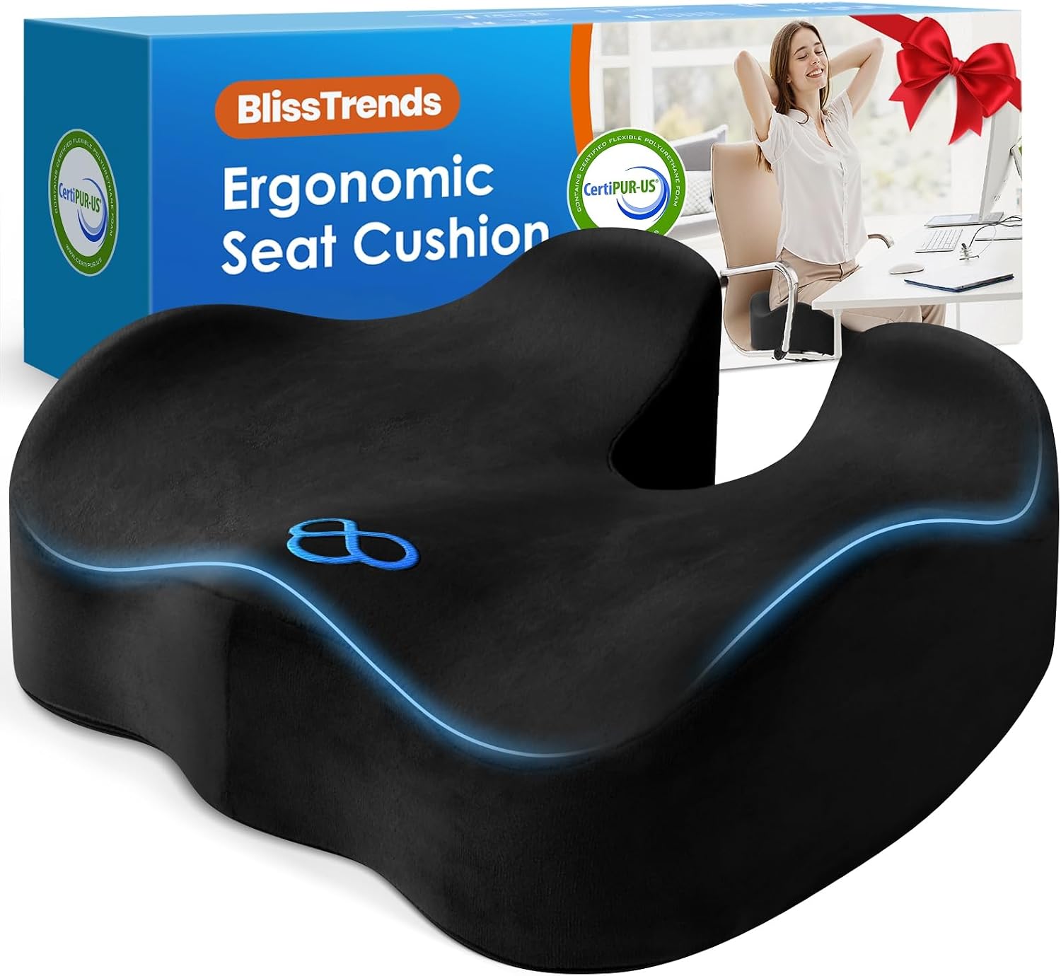 BlissTrends Memory Foam Seat Cushion for Office Chair & Car Seat, Black | 4.7in Ergonomic Tailbone & Sciatica Support with Removable Velvet Cover for Pressure Relief and Long Sitting Comfort