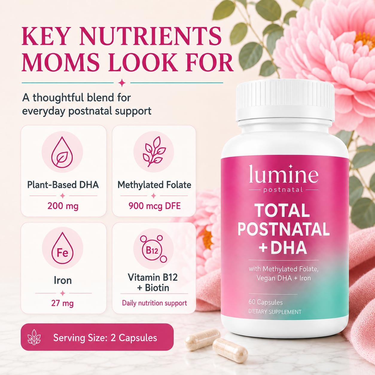 LUMINE Organics Postnatal Vitamins for Women 60 Capsules | Postnatal Nutrition with 20 Essential Nutrients, 200 mg Plant-Based DHA, Methylated Folate, Iron and Biotin for New Moms - Image 4