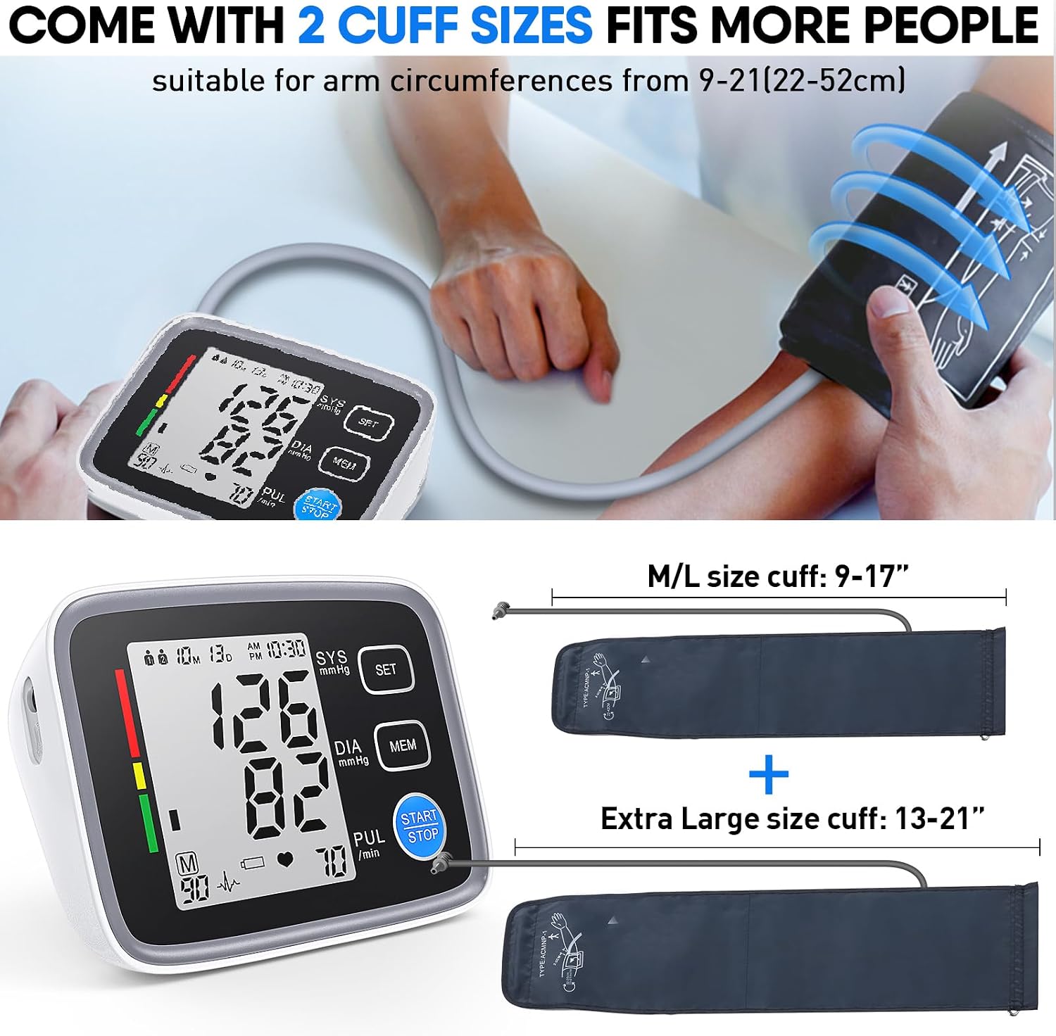 Automatic Upper Arm Blood Pressure Monitor 2 Cuff Sizes | 9-17''Standard Cuff & 13-21''Extra Large BP Cuff, 2 Users 180 Memories, USB Cable & 4 AA Batteries,Accurate Readings - Image 2