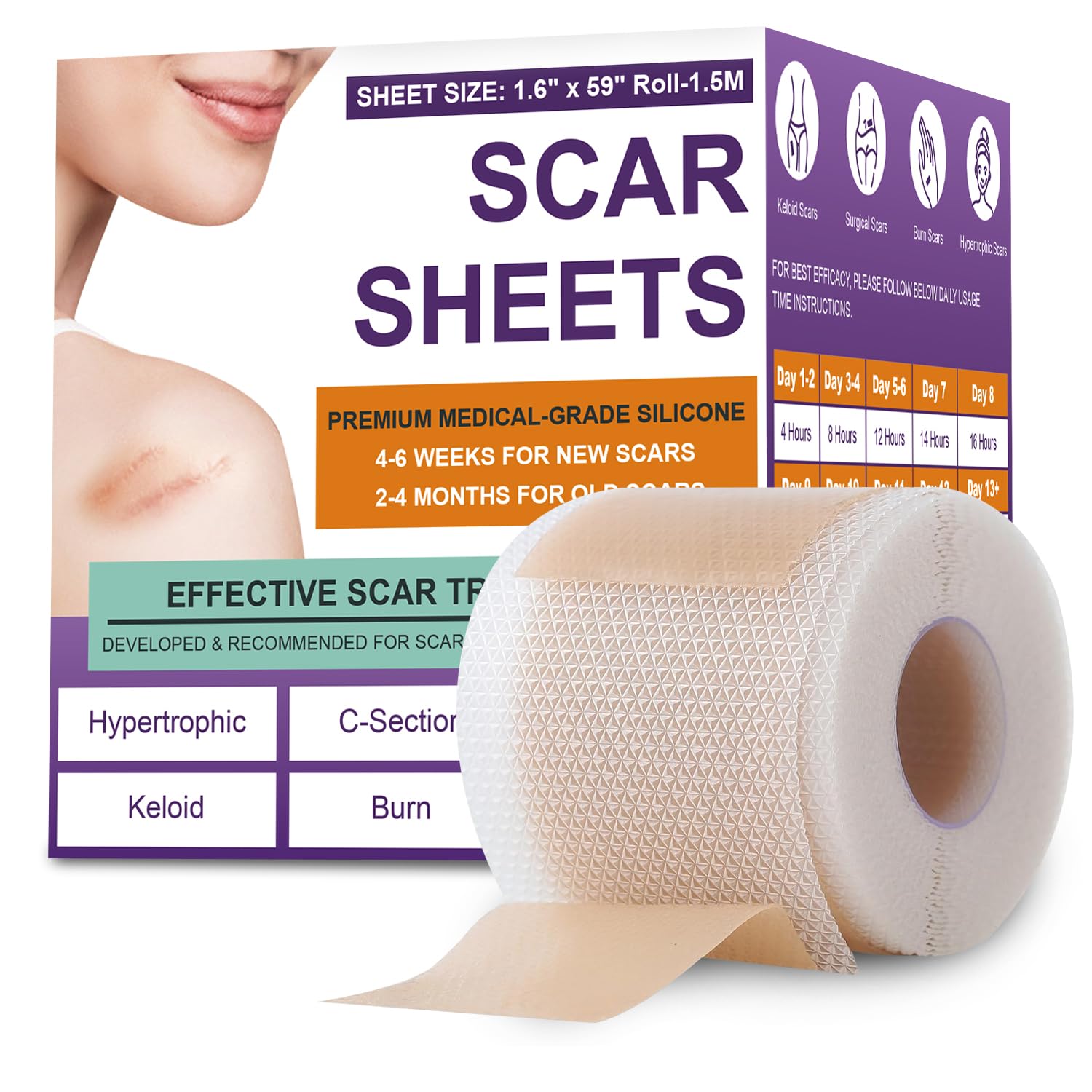 Silicone Scar Sheets, Medical Grade Silicone Scar Tape for Old & New Scars | Scar Tape for Surgical, Hypertrophic, Keloid, C-Section, Burn Scars, Reusable Professional Scars Removal (1.6"X59" Roll-1.5M)