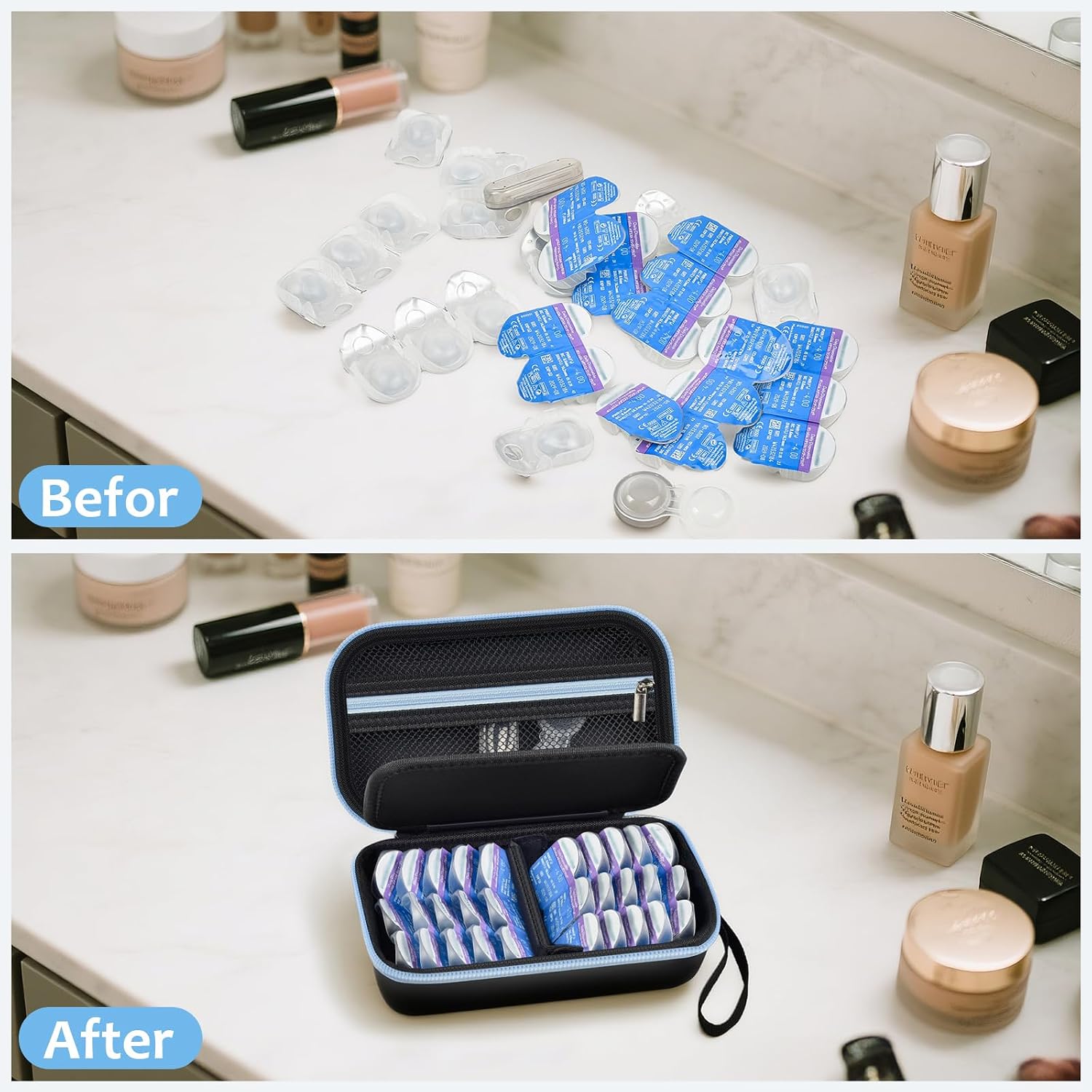 GWCASE Daily Contact Lens Case Organizer for 30+ Disposable Contact Lenses | Hard EVA, Removable L/R Divider, Mesh Pocket for Travel Contact Solution/ Accessories, Travel and Daily Use, Black, Bag Only - Image 6
