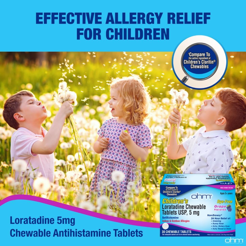 Ohm Children's Allergy Medicine, Loratadine 5mg, Chewable Tablets (30 Count) Grape Flavor, Non-Drowsy Antihistamine, 24-Hour Allergy Relief for Runny Nose, Watery Eyes, Itchy Throat & Nose - Image 2