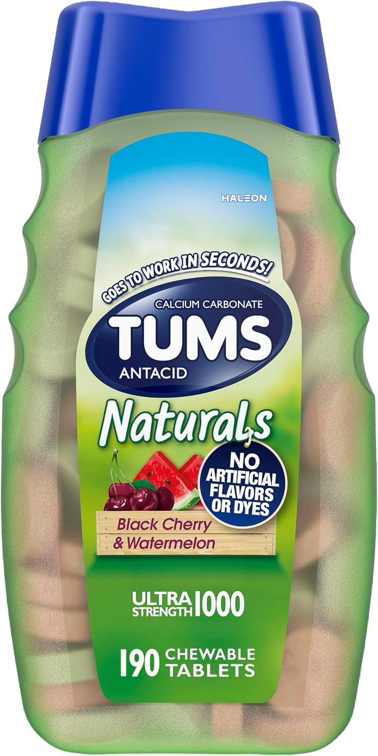 TUMS Naturals Antacid Chewable Tablets, Black Cherry & Watermelon 190 Count | Ultra Strength Formula, Neutralizes Acid Instantly for Indigestion and Upset Stomach, Multi-Symptom Relief, Gluten Free