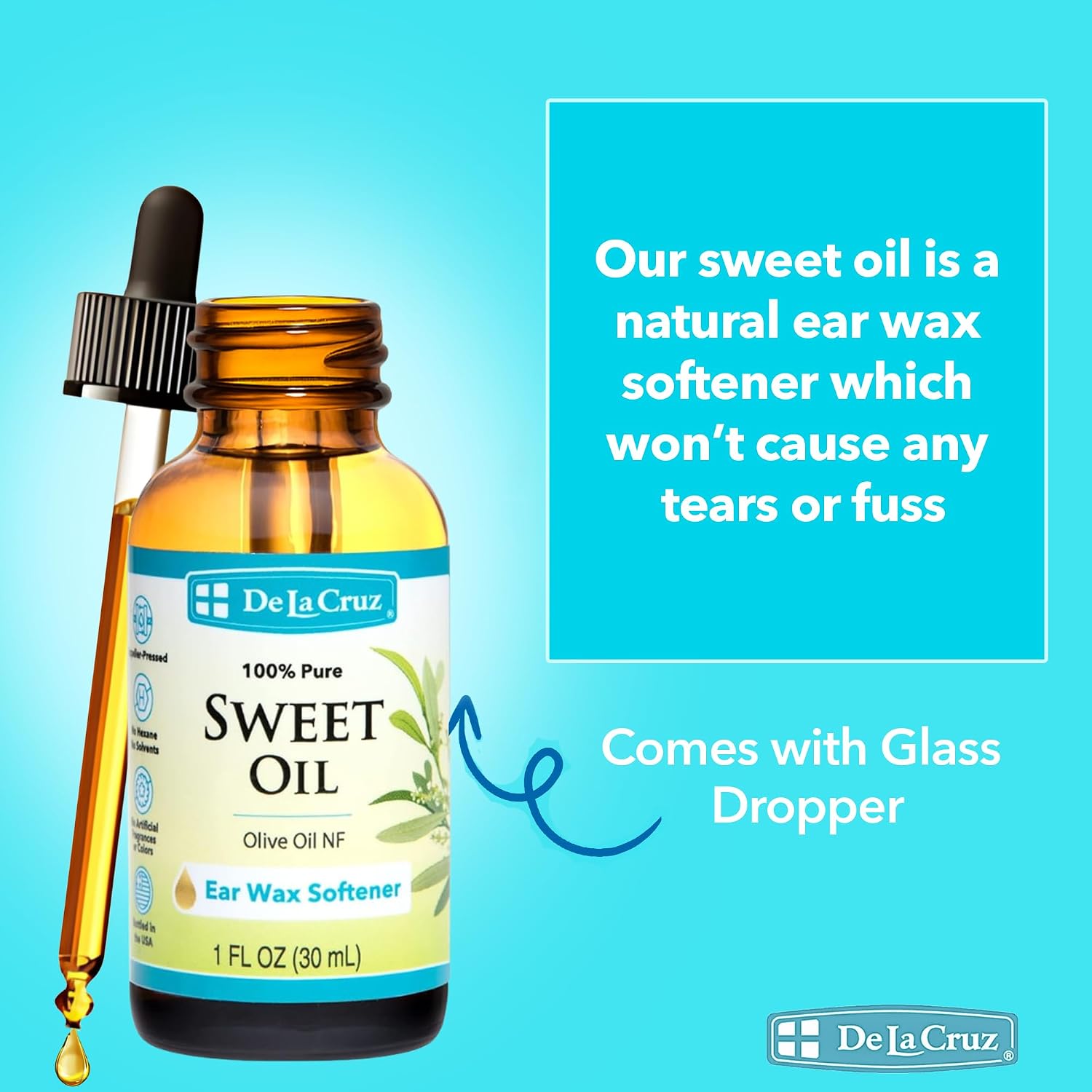 De La Cruz Sweet Oil, Ear Oil, Natural Ear Wax Softener, 1 fl. oz (30 mL) | 100% Pure Olive Oil NF Grade, Earwax Softener, Gentle and Safe Ear Care for the Whole Family, with Dropper, Bottled in USA - Image 2