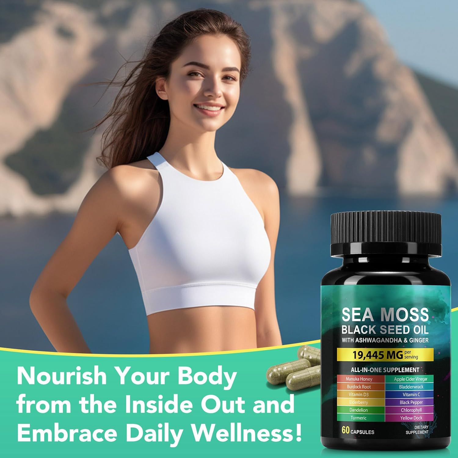 Sea Moss Black Seed Oil Ashwagandha Ginger, Sea Moss Capsule Supplement with Turmeric Burdock Root Bladderwrack Vitamin C Vitamin D3 Enhanced Immunity & Energy Black Seed Oil Capsule 60 Count - Image 8