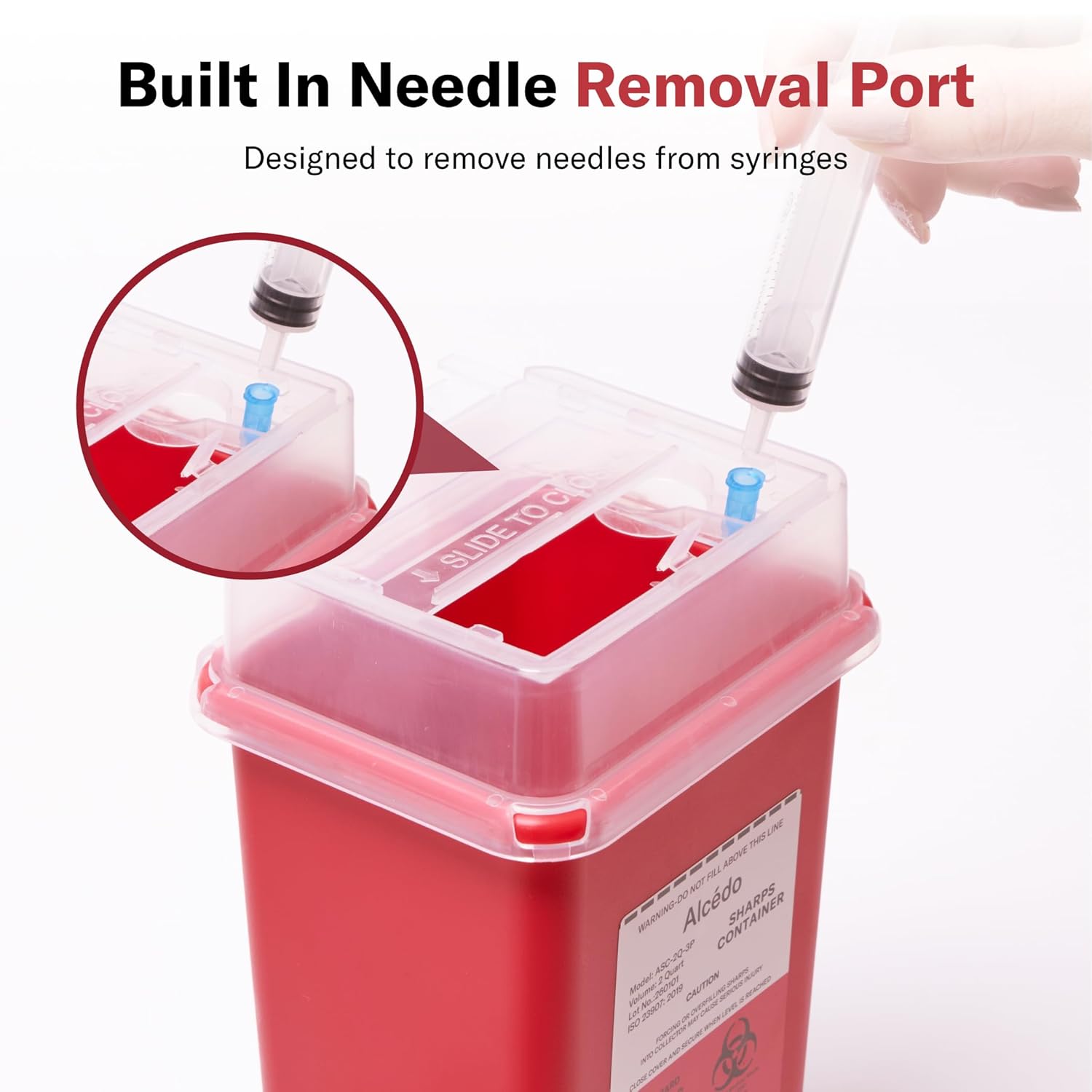 Alcedo Sharps Container 2 Quart (1-Pack) for Home Use & Travel Disposal | Small & Portable, Convenient Handle, Built-In Needle Removal Port, Temporary Safety Closure, Clear Lid - Image 6