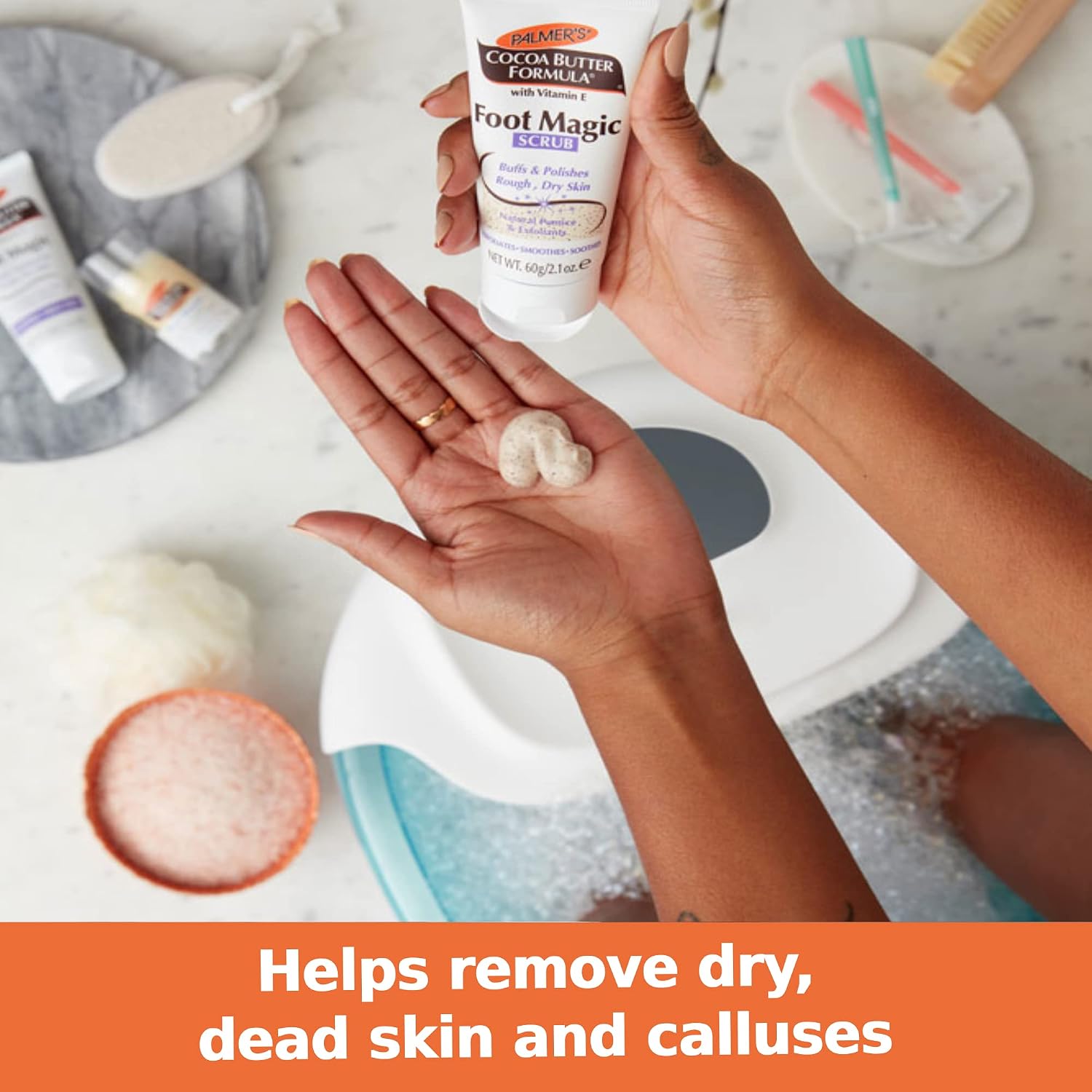 Palmer's Exfoliating Foot Scrub, Foot Magic Cocoa Butter Formula (2.1 Oz) | Smooths rough, dry cracked feet with Vitamin E, Peppermint Oil and Walnut Shell Extract. Use with foot scrubber for pedicure. - Image 4