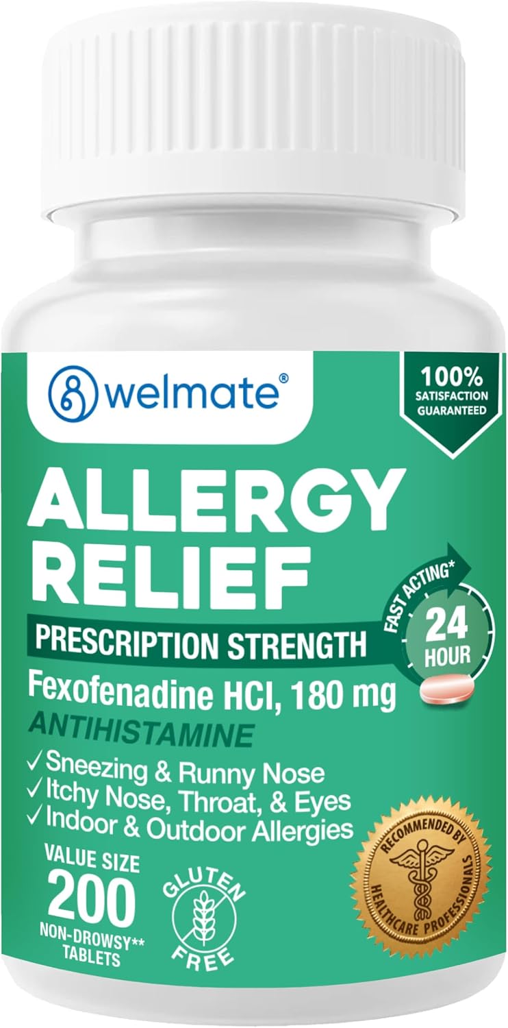 WELMATE Fexofenadine HCl 180mg Allergy Relief Tablets, 200 Count | 24-Hour Non Drowsy Antihistamine for Sneezing, Runny Nose, Itchy Watery Eyes - Indoor & Outdoor Allergy Medicine, Hay Fever