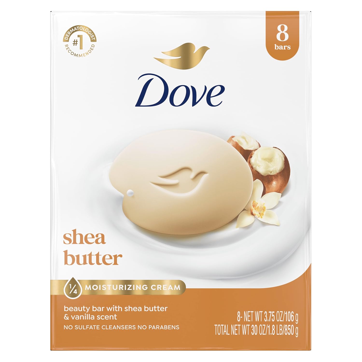Dove Beauty Bar Soap 8 Bars Shea Butter, for Nourished, Radiant Skin, Enriches Skin 3.75 oz | Moisturizing beauty bar with ¼ moisturizing cream and shea butter for soft, radiant skin