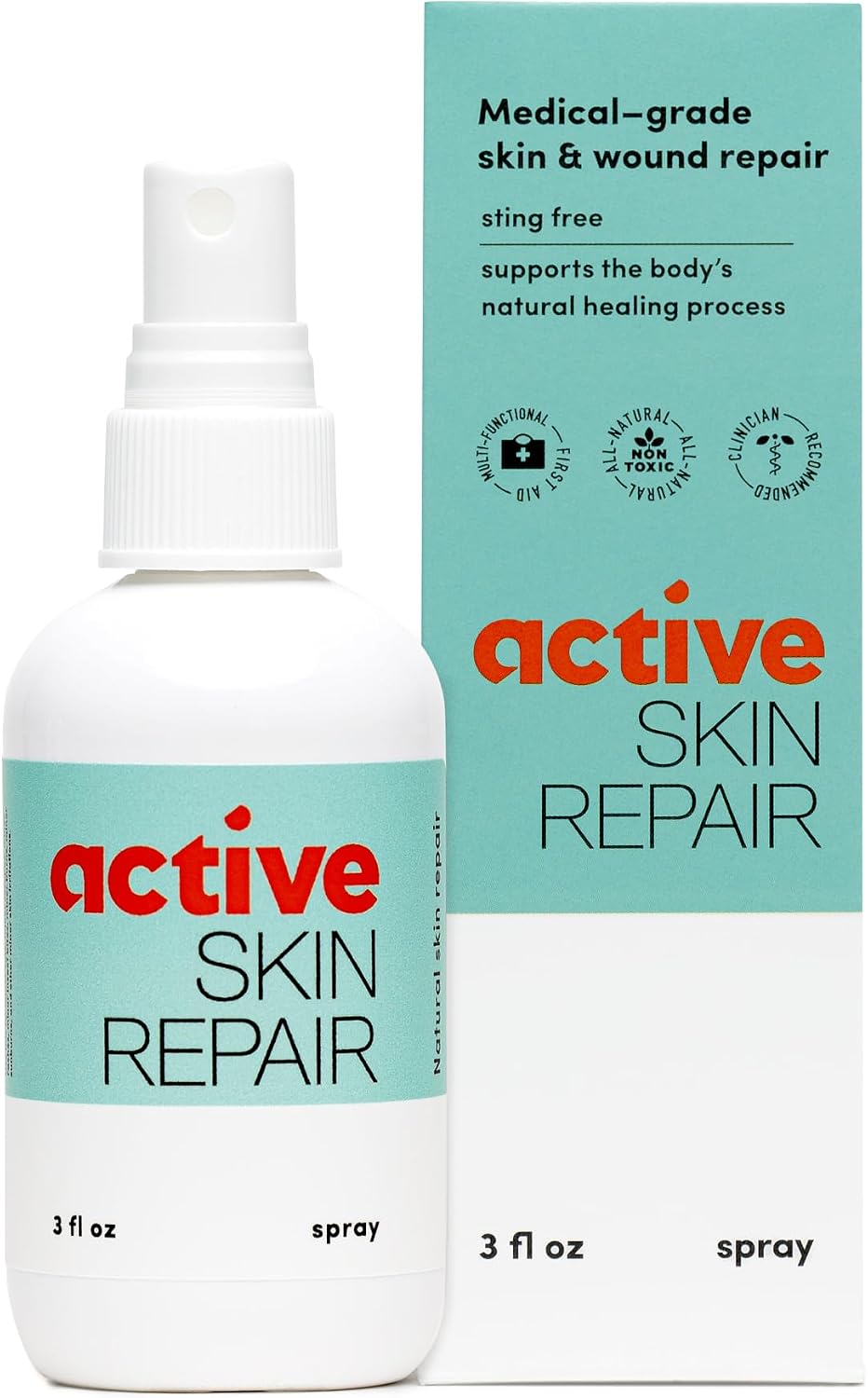 Active Skin Repair First Aid Spray with Medical Grade Hypochlorous, 3 oz | Natural and non-toxic, hypochlorous acid, no-sting formula, minor cuts, wounds, scrapes, rashes, sunburns, travel size