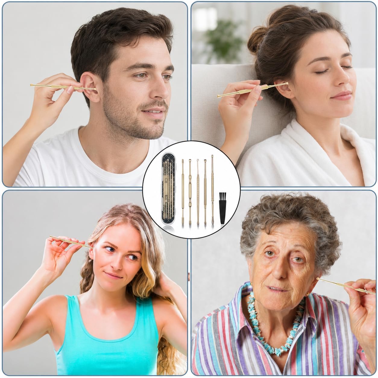 Hion 6 Pcs Extended Ear Wax Removal Kit,Professional Double-Headed Ear Pick Earwax Removal Tools,316L Stainless Steel Ear Cleaner Curette with Cleaning Brush and Storage Box,Suit for Kid Adult(Gold) - Image 7