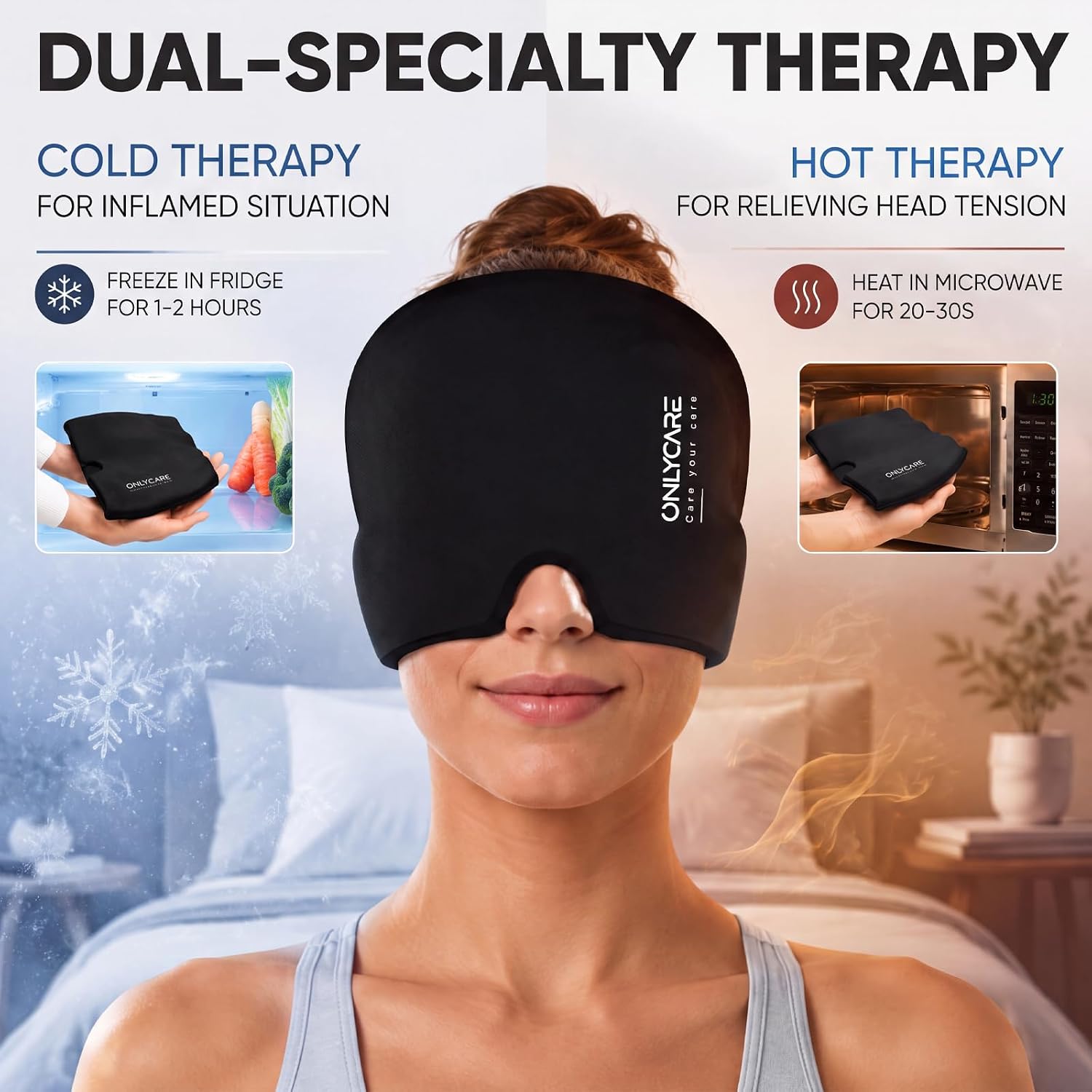 ONLYCARE Migraine Relief Cap, Headache Relief Cold Cap with Odorless Gel | Cooling Hat Head Wrap Soothing Face Ice Pack Mask Products for Tension Stress Hangover & Puffy Eyes, Relaxing Gifts for Women - Image 2