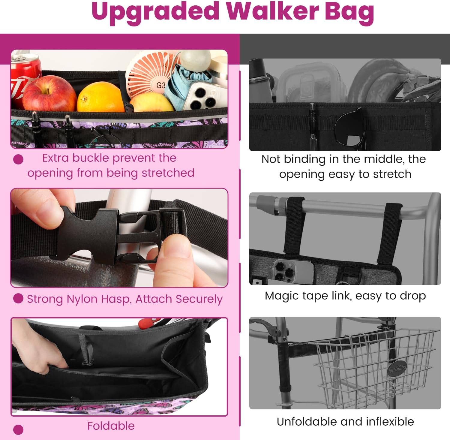 ZHCHG Walker Basket for Seniors, Walker Accessories Bag for Folding Walker | Large Capacity & Never Tipping Over, Best Gift- (Not Fit Rollator Walkers)- Purple - Image 3