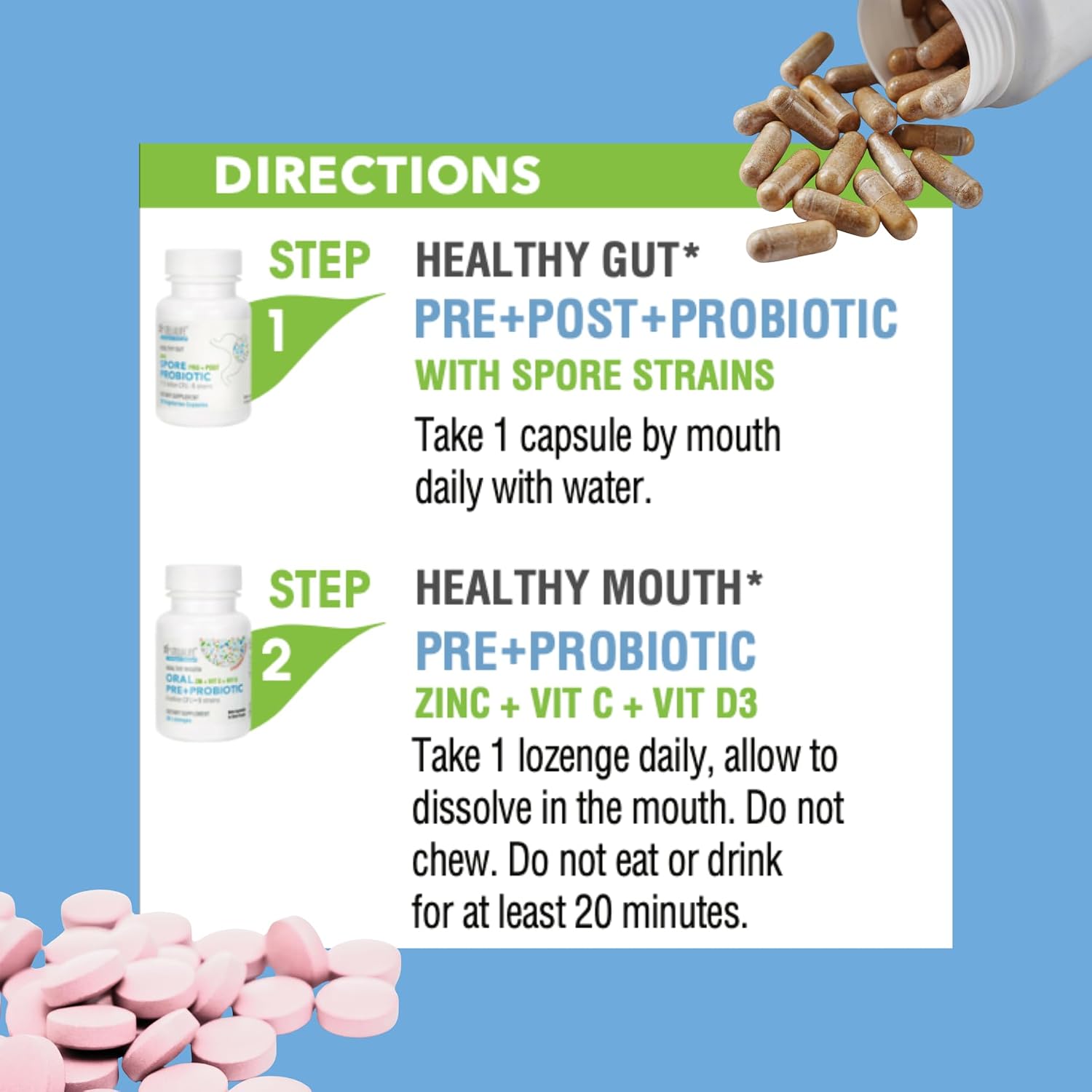 StellaLife Probiotics Oral & Gut Prebiotics Post Probiotics Kit: 44B+ CFU, 11 Oral & 6 Gut Spore strains for Digestive & Dental Health, Bad Breath Treatment, Tongue Hygiene, Strawberry Flavor, 60-Day - Image 4
