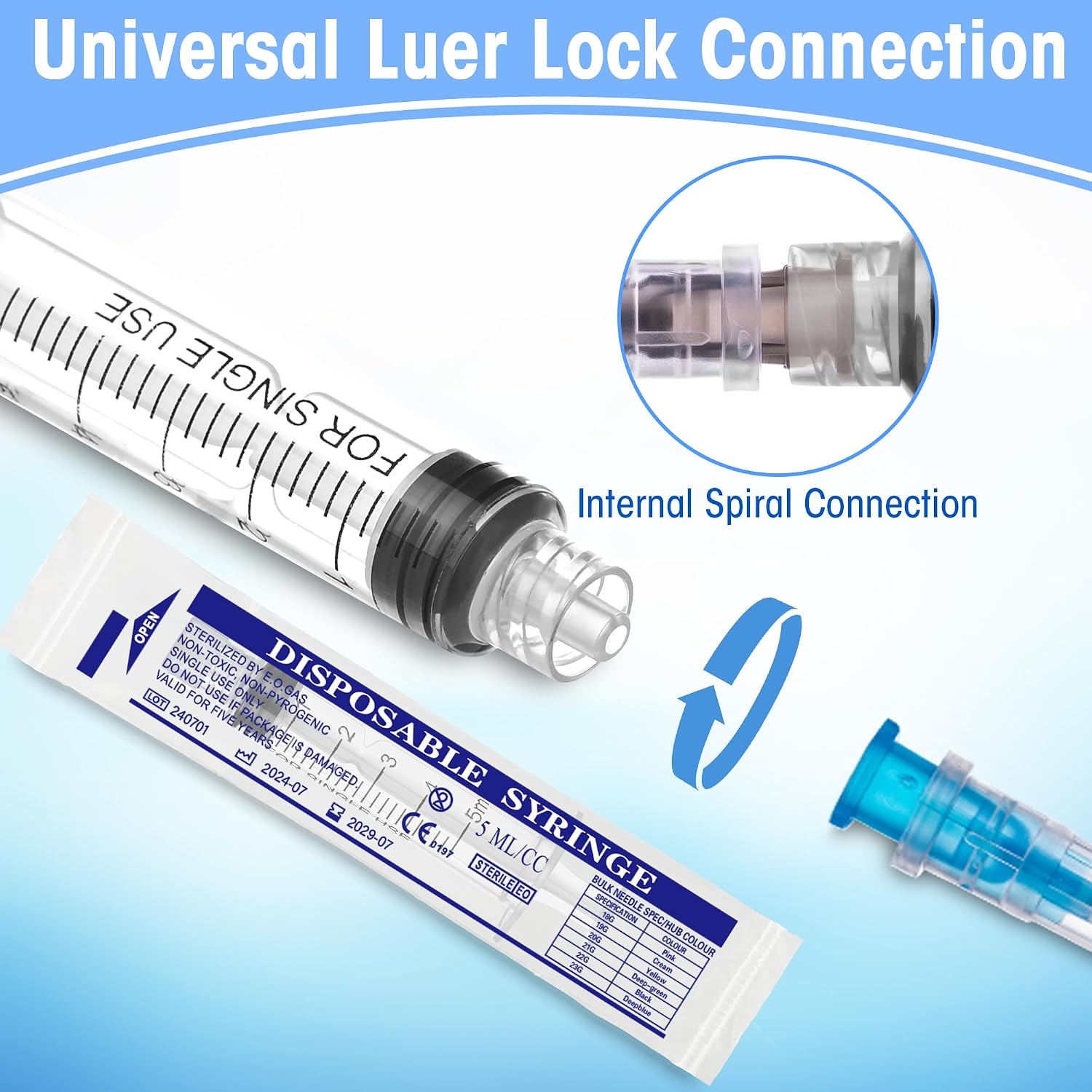 50Pack 5ml/cc Luer Lock Syringe without Needle, Plastic Syringe with Caps for Liquid, Sterile Individually Wrapped - Image 5