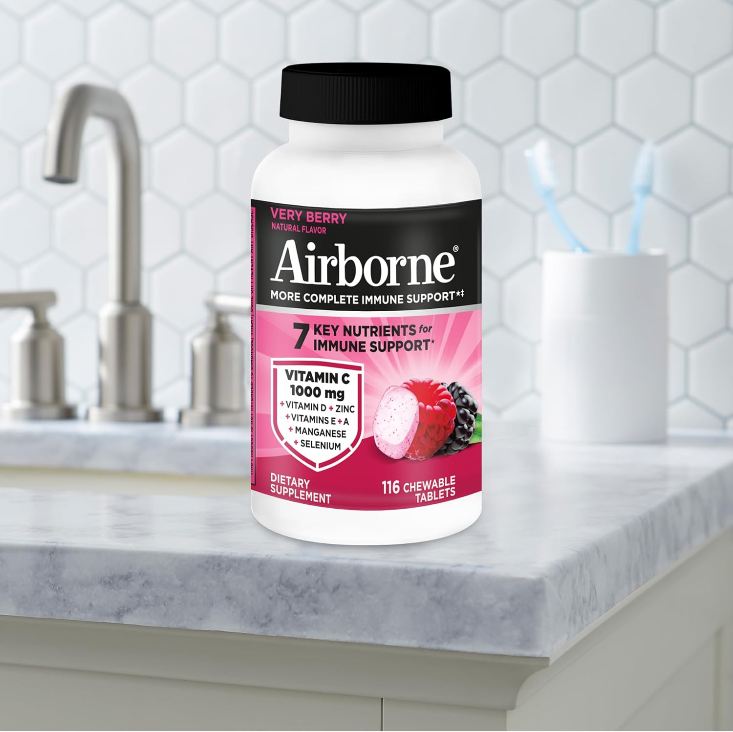 Airborne Very Berry Chewable Tablets, 116ct | Immune Support Supplement with 1000mg Vitamin C + Vitamins A, D, E, Zinc,Selenium, & Manganese | Herbal Blend | Gluten Free | Antioxidants Vitamins A, D & E + Zinc, Selenium, and Manganese, Herbal Blend, Multivitamin Supplements, Immune Health, Tasty - Image 9