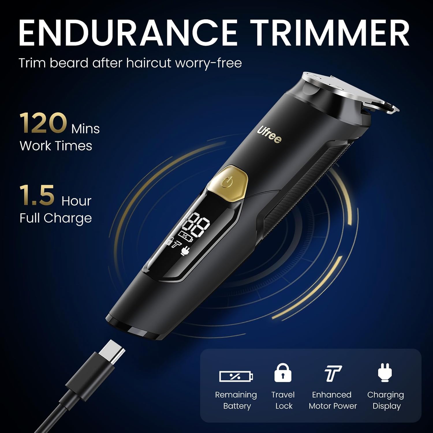 Ufree 3-in-1 Beard Trimmer for Men, IPX6 Waterproof Electric Razor | Gifts for men, Beard, Nose, Hair, Stainless Steel Blades, USB-C Charge, 120-Min Usage, 8000 RPM, Wet and Dry, Travel Lock - Image 7