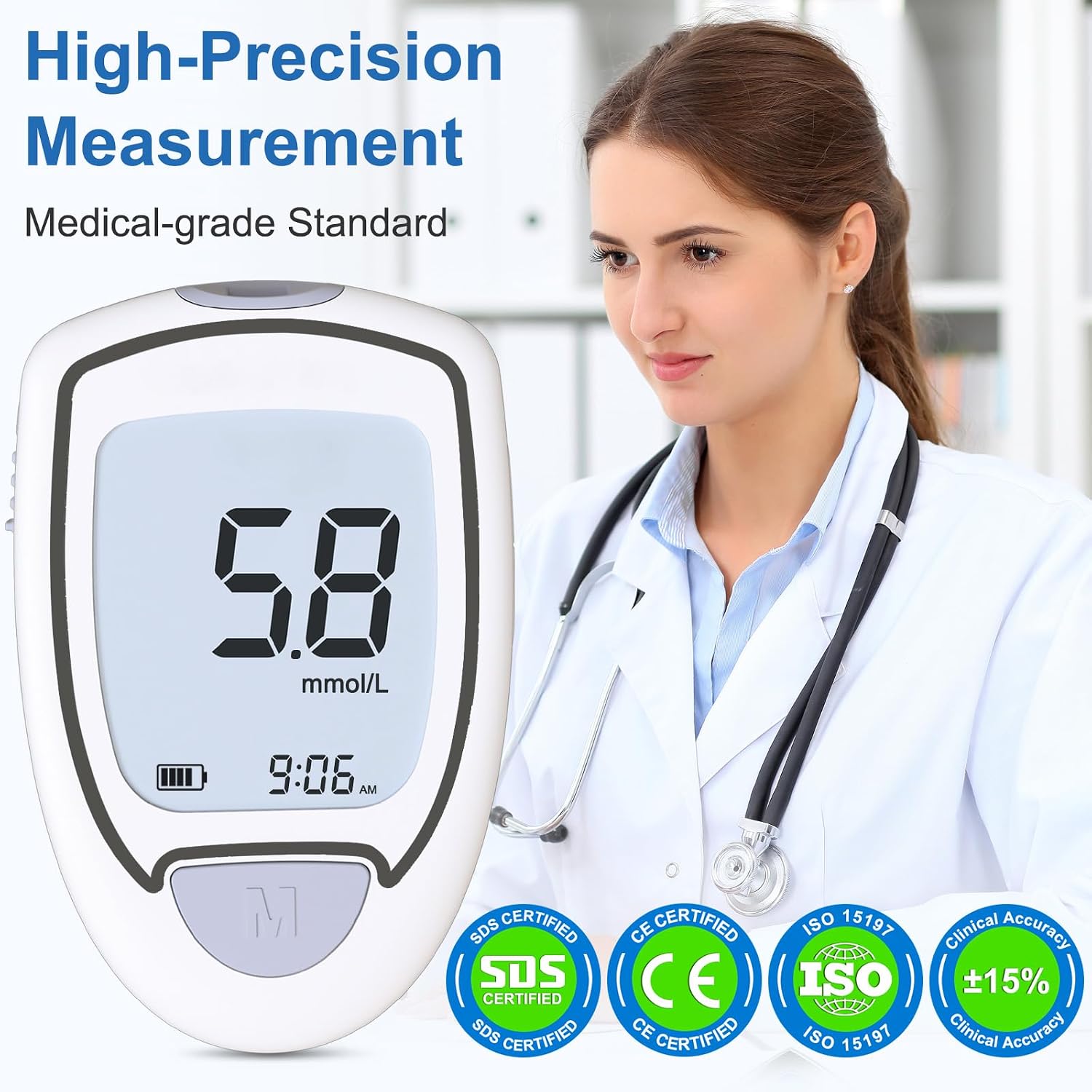 Glucose Monitor Kit, Blood Sugar Monitor with 50 Test Strips & 50 Lancets for Diabetes Testing, High Accuracy Blood Glucose Meter with Auto Eject, No Coding & Large LCD for Seniors, Glucometer Diabetes Testing Kit for Travel & Home Use - Image 2