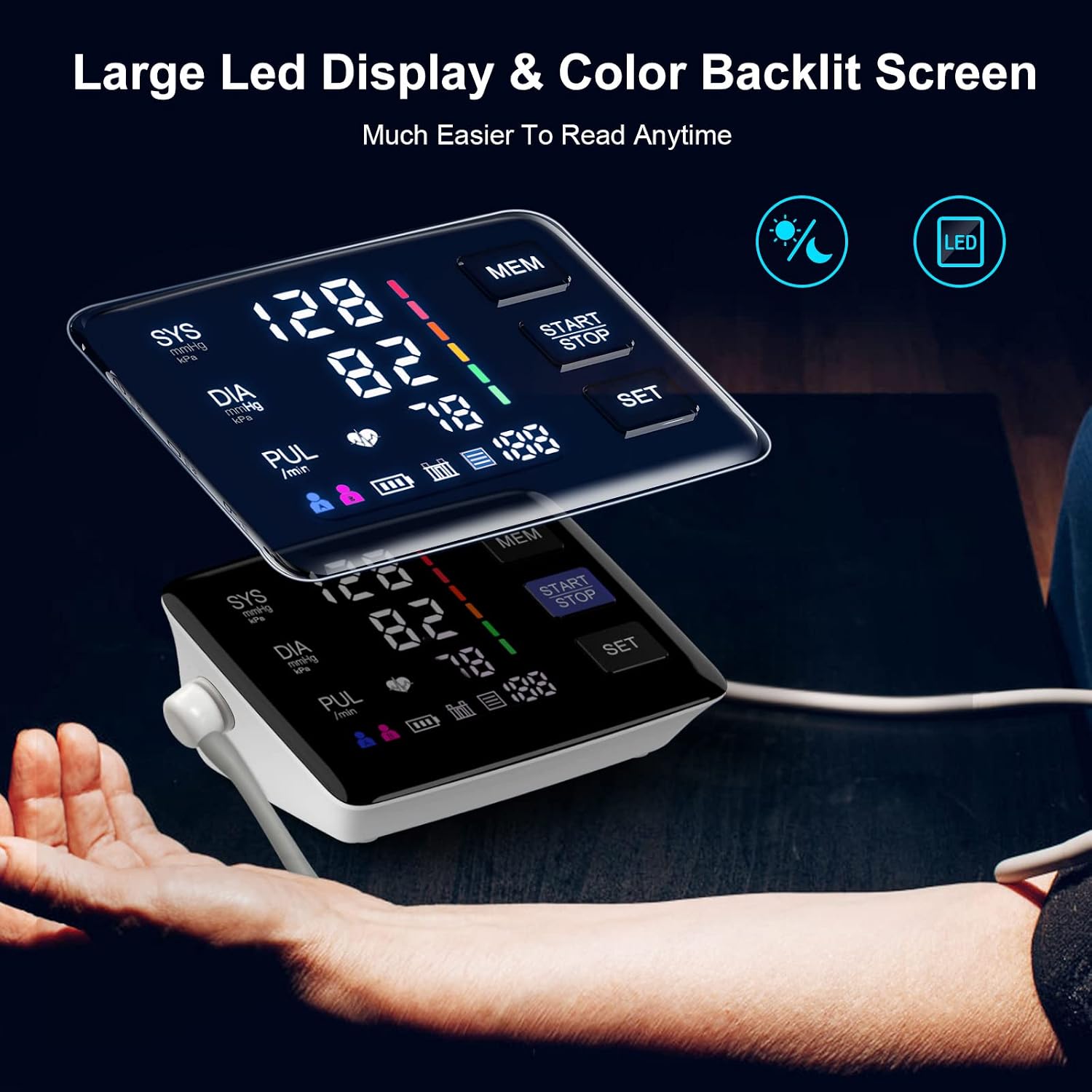 Blood Pressure Monitor, 9-17'' & 13-21'' Extra Large Blood Pressure Cuff | 6"Large Backlit LED Color Screen,2 Extra Large Blood Pressure Cuffs,Automatic Digital BP Machine,USB Cable &4 AAA Batteries - Image 4