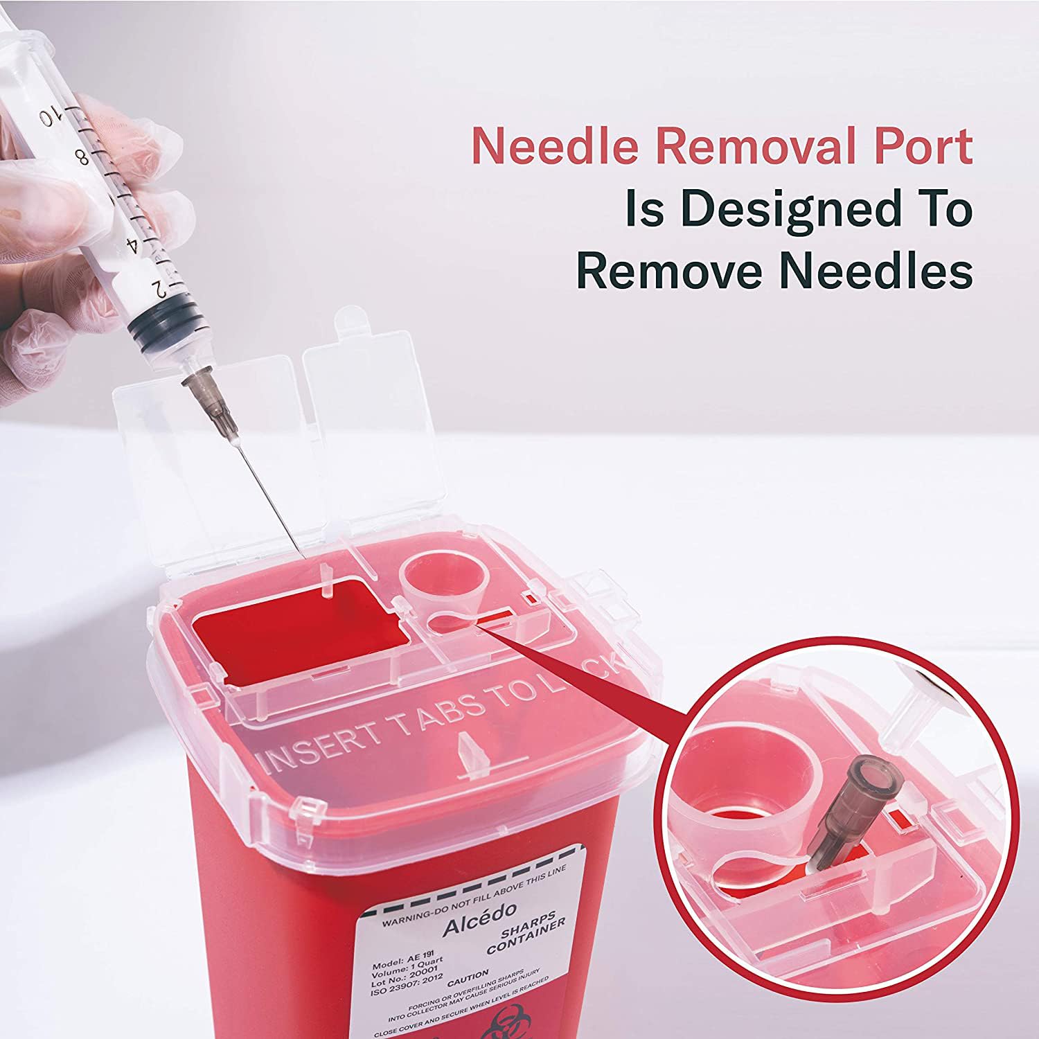 Alcedo 1 Quart Sharps Container (1-Pack) for Needle & Syringe Disposal | Small & Portable, Built-In Needle Removal Port, Temporary Safety Closure, Clear Lid, Ideal for Home, Travel & Professional - Image 4