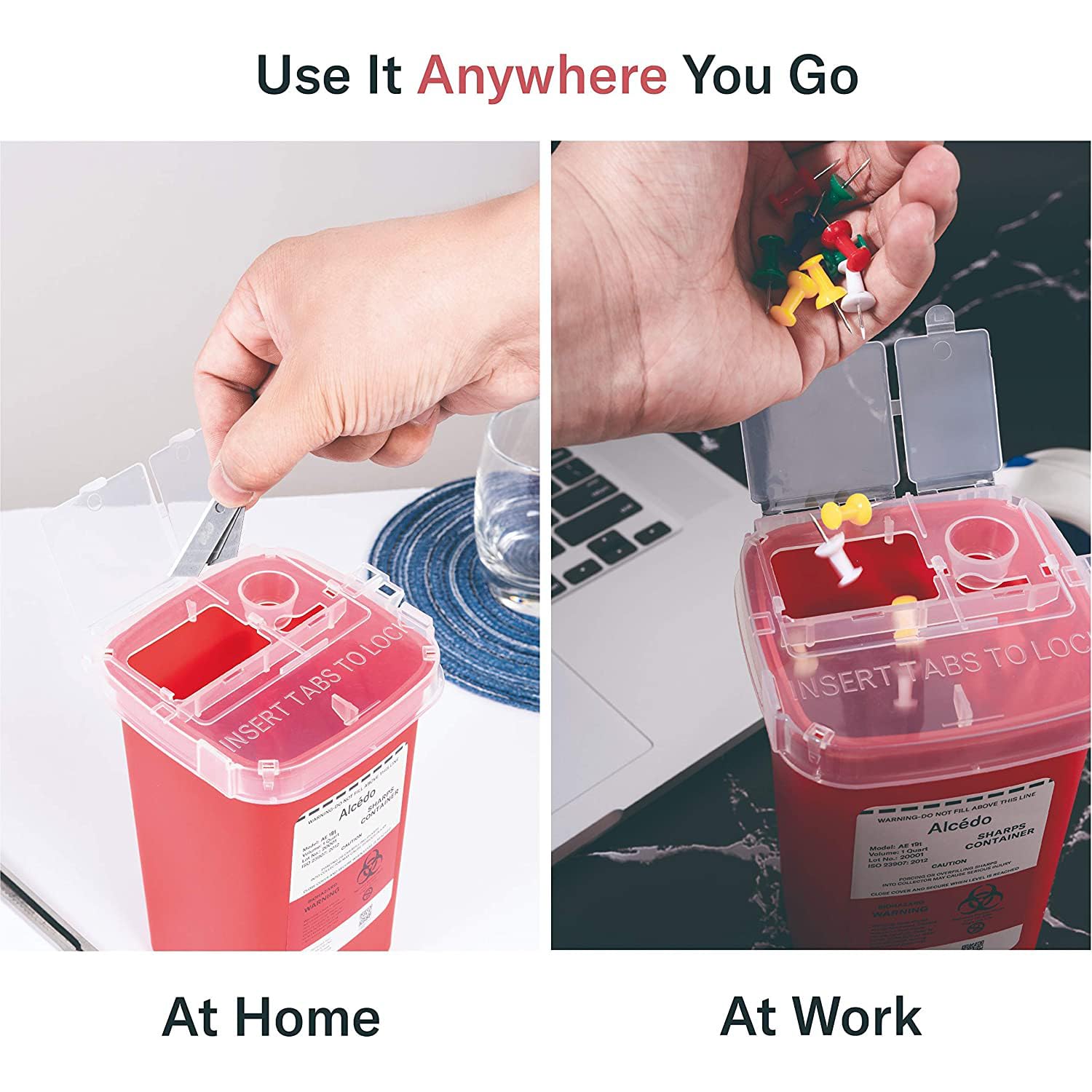 Alcedo 1 Quart Sharps Container (1-Pack) for Needle & Syringe Disposal | Small & Portable, Built-In Needle Removal Port, Temporary Safety Closure, Clear Lid, Ideal for Home, Travel & Professional - Image 7