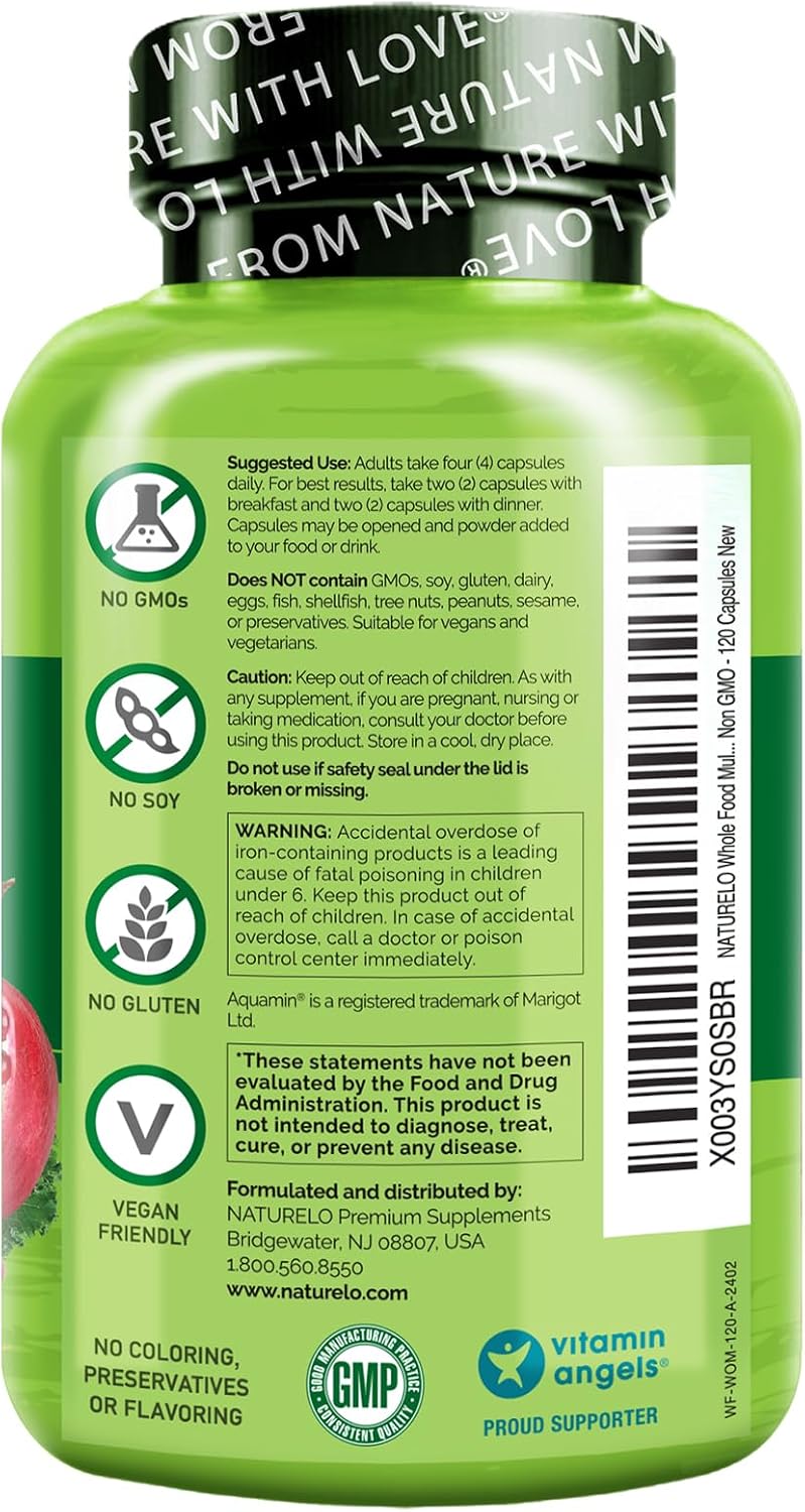 NATURELO Whole Food Multivitamin for Women - with Vitamins, Minerals, & Organic Extracts - Supplement for Energy and Heart Health - Non GMO - 120 Vegan Capsules - Image 3
