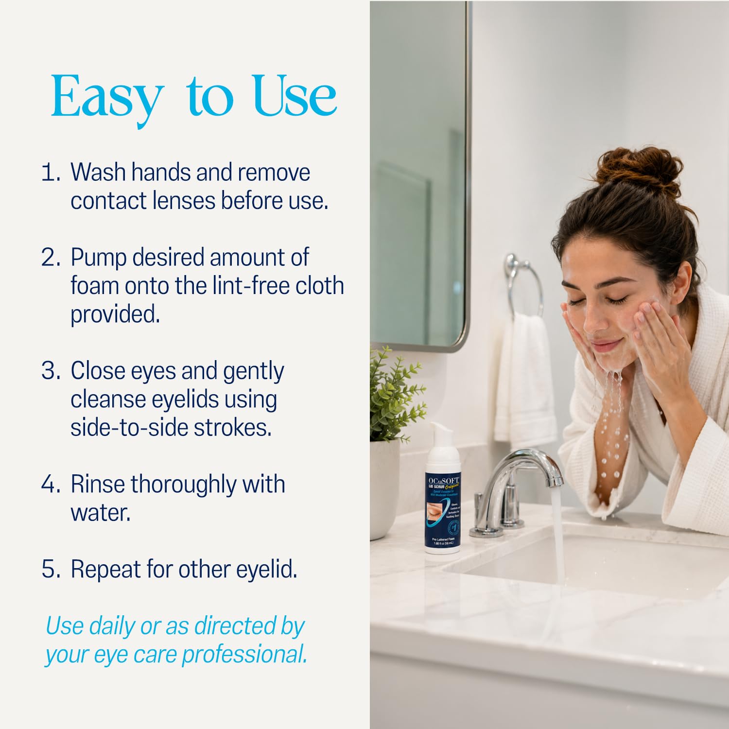 OCuSOFT Lid Scrub Original Compliance Kit - Instant Foaming Eyelid Scrub & Lint-Free Wipes - Daily Eyelid Kit to Remove Oil, Dust, Pollen & Eye Makeup - 1.68 fl oz & 100 Dry Pads | Gentle Formula Daily Eyelid Kit to Remove Oil, Dust, Pollen, Eye Makeup; Refreshing Instant Foam Cleanser for Soothing Relief - Image 3