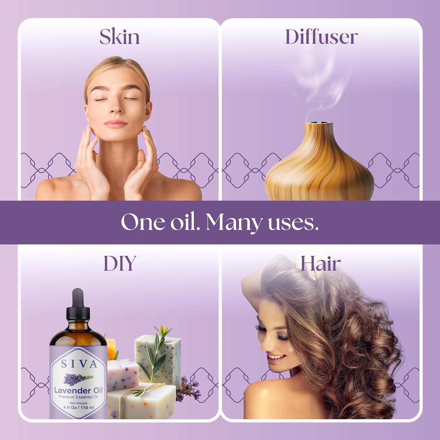 Siva Lavender Essential Oil, Glass Bottle with Dropper, 4 Fl Oz (118 ml) | Lavender Oil for Diffuser, Humidifier, Linen Spray, Skin Care, Hair Care, Body Massage, Soap, Candle, Bath Salt & DIY Blends - Image 5