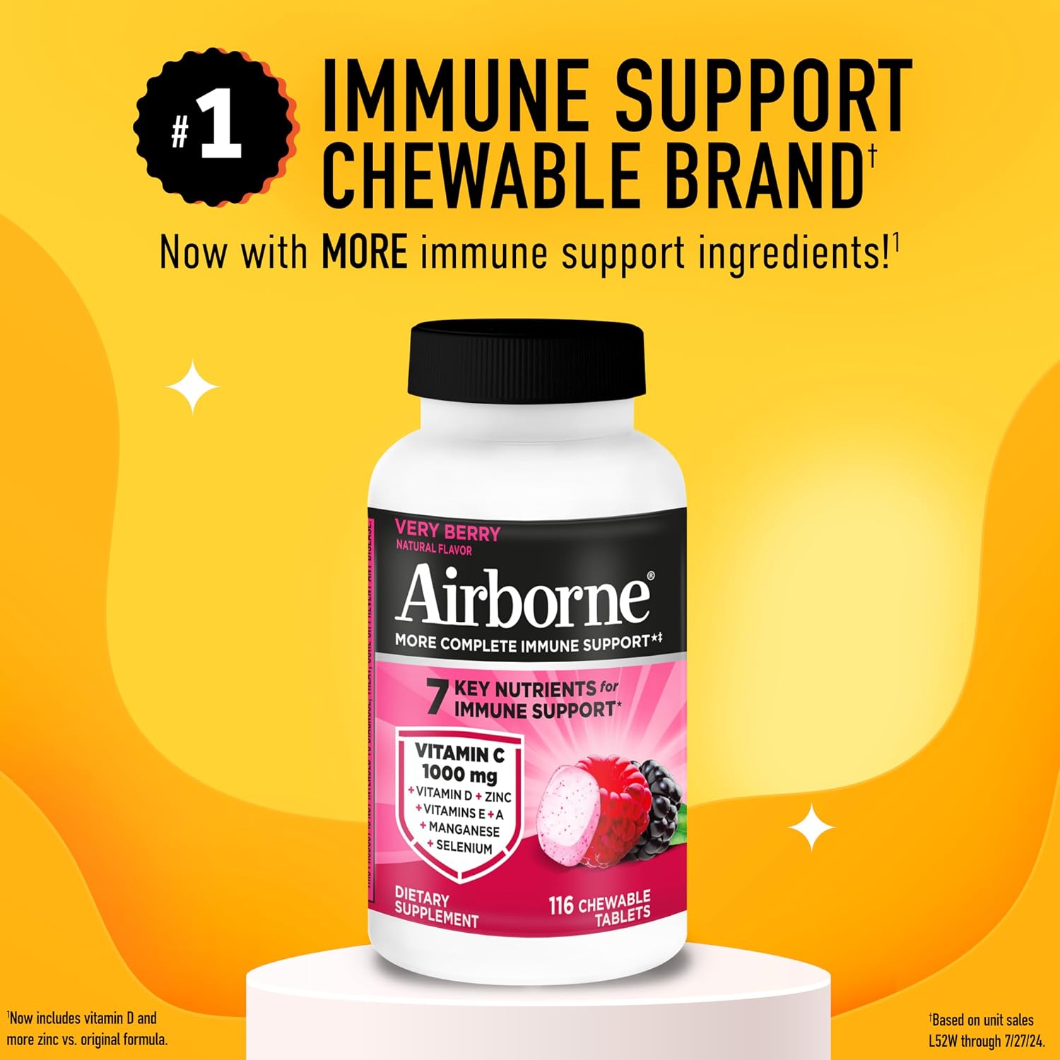 Airborne Very Berry Chewable Tablets, 116ct | Immune Support Supplement with 1000mg Vitamin C + Vitamins A, D, E, Zinc,Selenium, & Manganese | Herbal Blend | Gluten Free | Antioxidants Vitamins A, D & E + Zinc, Selenium, and Manganese, Herbal Blend, Multivitamin Supplements, Immune Health, Tasty - Image 2