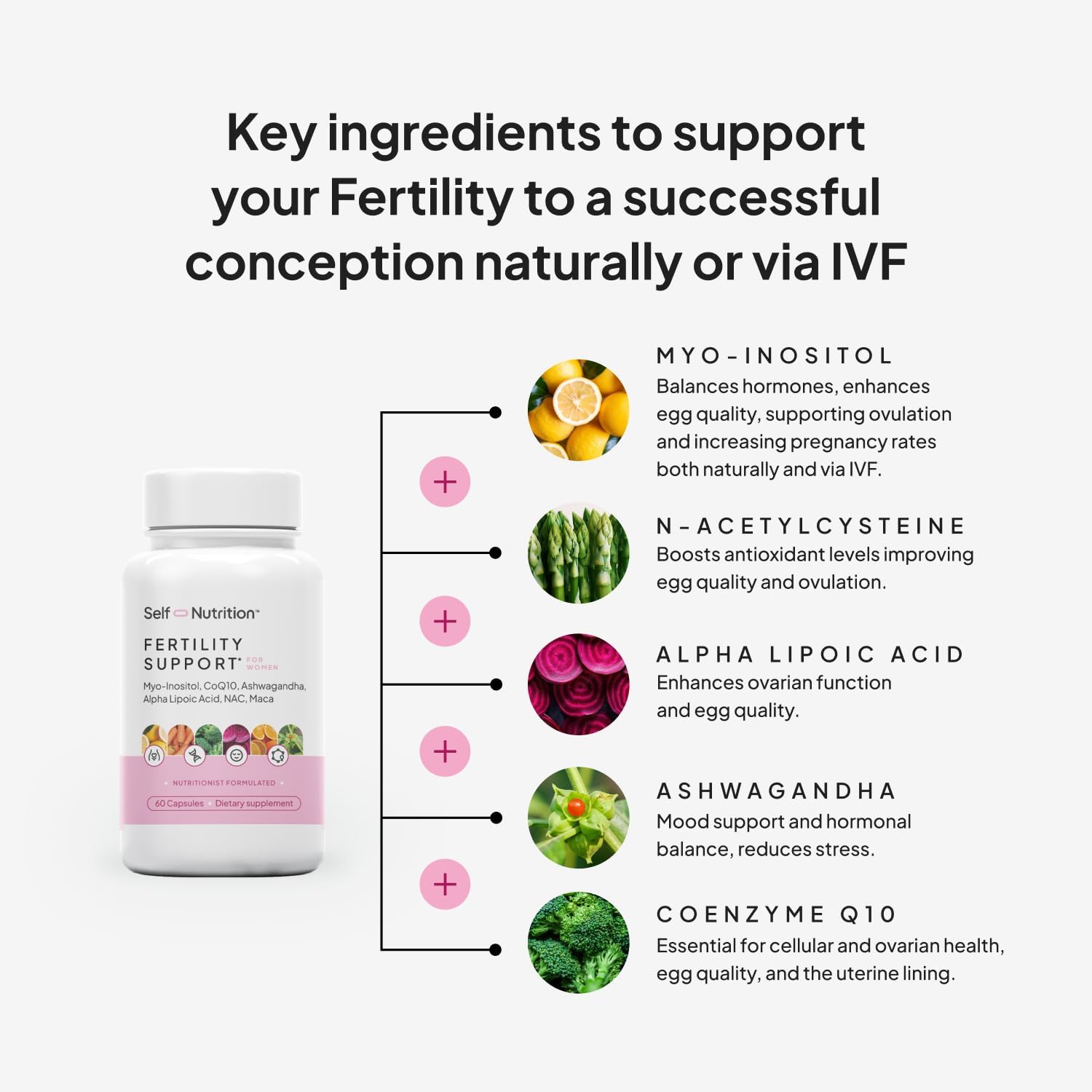 SELF NUTRITION Fertility Support for Women | Conception for Her, Coenzyme Q10, Ashwagandha, Myo-Inositol & More| Support Cycle Regularity & Ovulation| Vegan, Non-GMO, USA Made-60 Capsules - Image 3