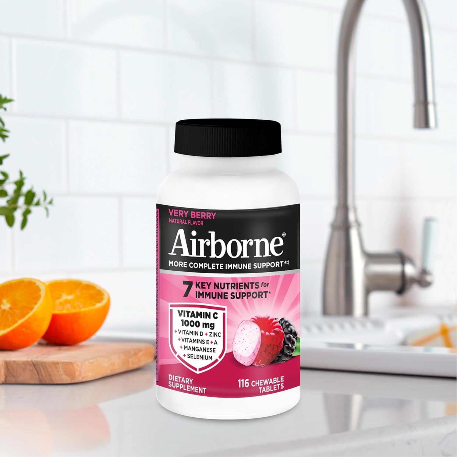 Airborne Very Berry Chewable Tablets, 116ct | Immune Support Supplement with 1000mg Vitamin C + Vitamins A, D, E, Zinc,Selenium, & Manganese | Herbal Blend | Gluten Free | Antioxidants Vitamins A, D & E + Zinc, Selenium, and Manganese, Herbal Blend, Multivitamin Supplements, Immune Health, Tasty - Image 11