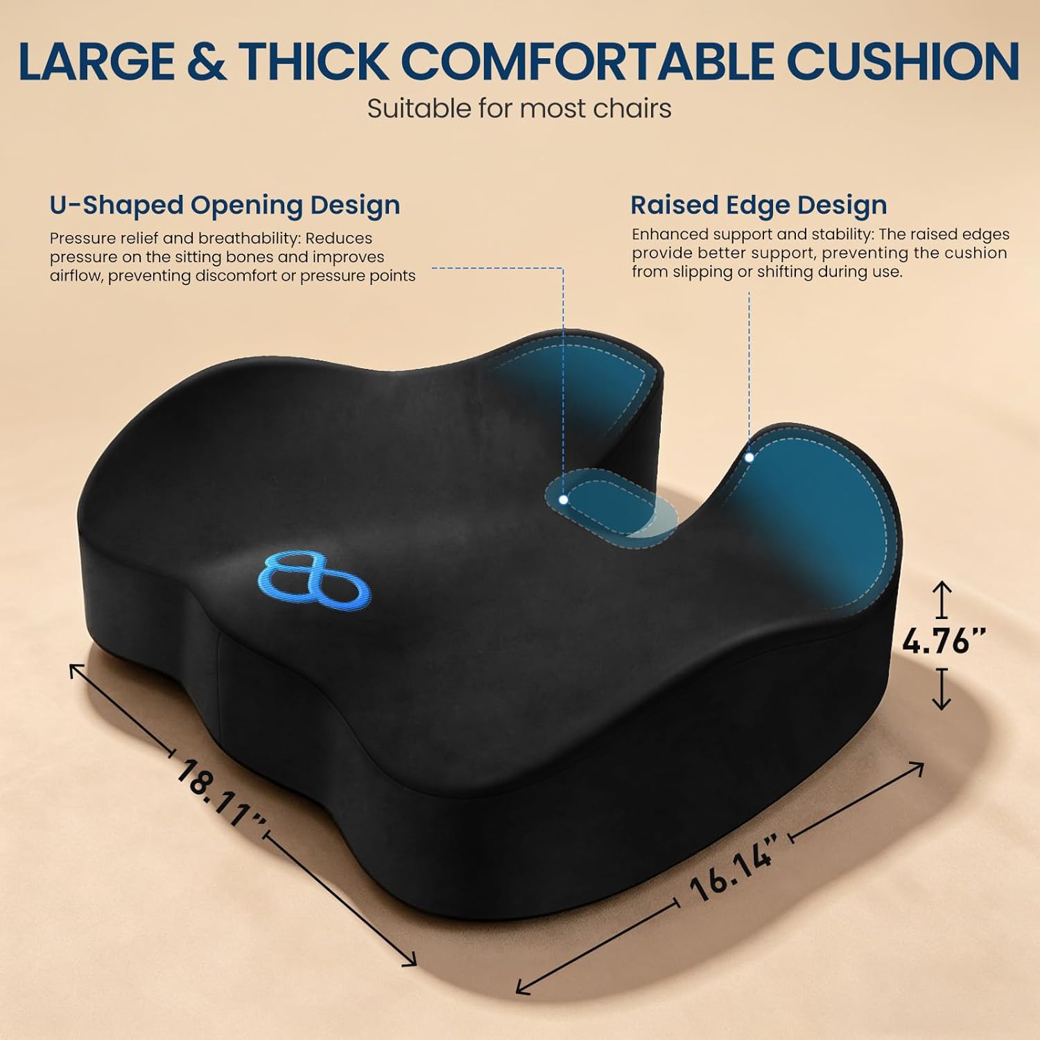 BlissTrends Memory Foam Seat Cushion for Office Chair & Car Seat, Black | 4.7in Ergonomic Tailbone & Sciatica Support with Removable Velvet Cover for Pressure Relief and Long Sitting Comfort - Image 4
