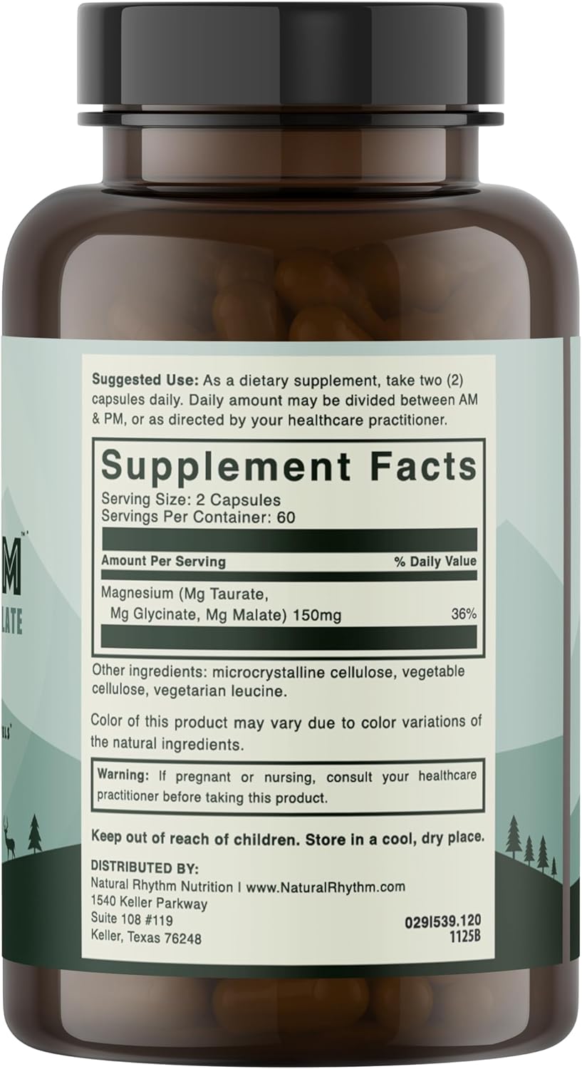 Natural Rhythm Triple Calm Magnesium Complex - 120 Capsules, Chelated Magnesium Glycinate, Taurate & Malate, High Absorption Supplement for Sleep, Stress, Muscle & Heart Support, Non-GMO, Vegan - Image 9