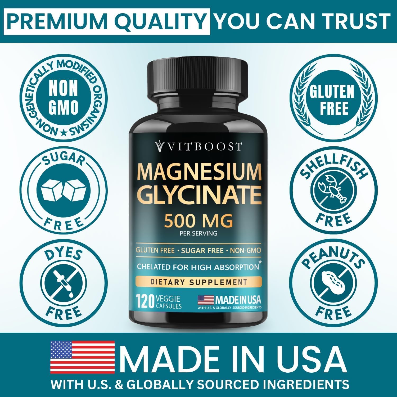 VITBOOST Magnesium Glycinate 500mg - Support Sleep 120 Veggie Capsules | Stress Support High Absorption Chelated Supplement - Non-GMO, 3rd Party Tested - Made in USA - Image 3