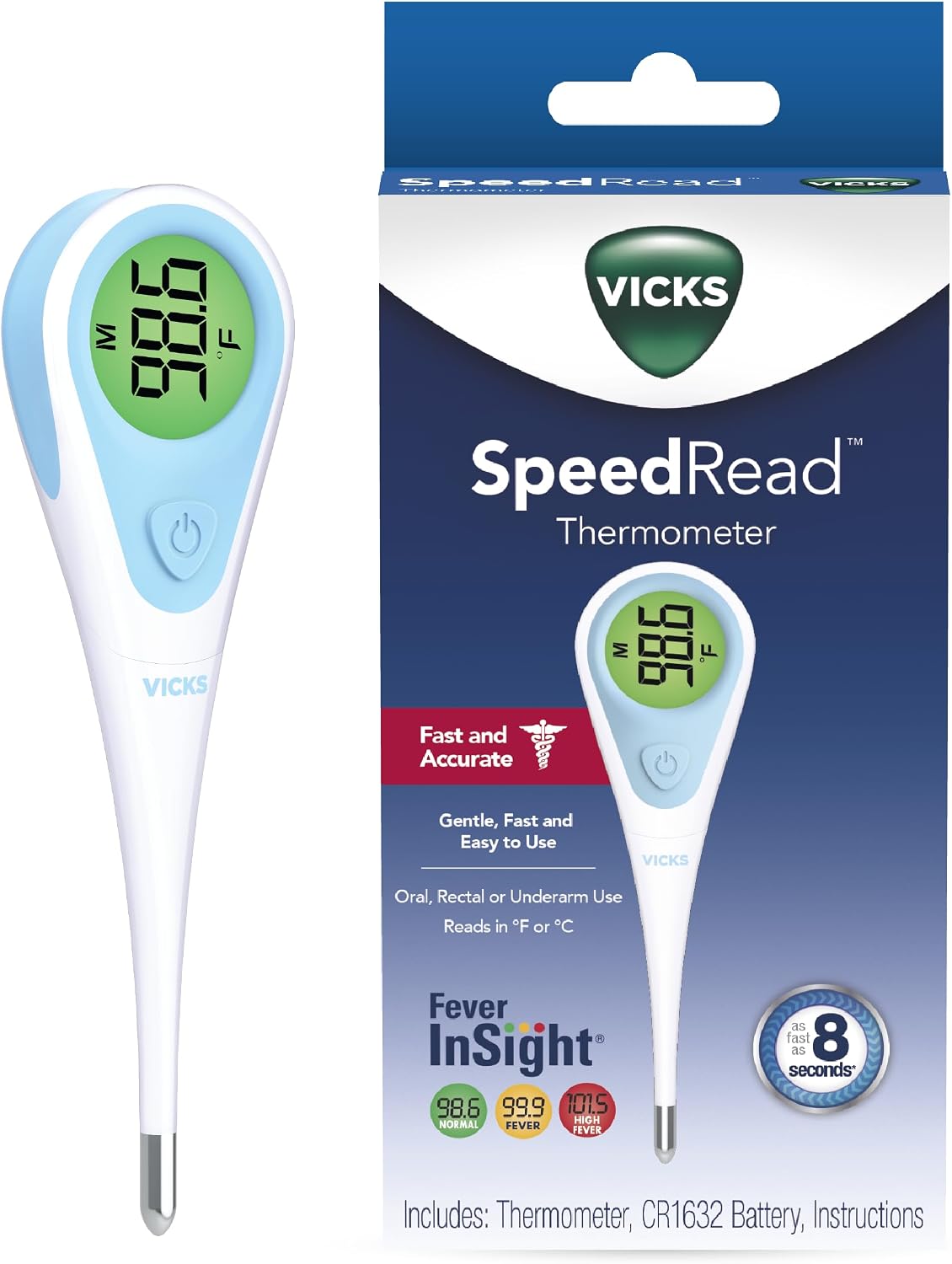Vicks SpeedRead Digital Thermometer for Baby, Kids & Adults | Color-Coded Readings in 8 seconds, Oral, Baby Rectal Thermometer or Under The Arm, Water Resistant