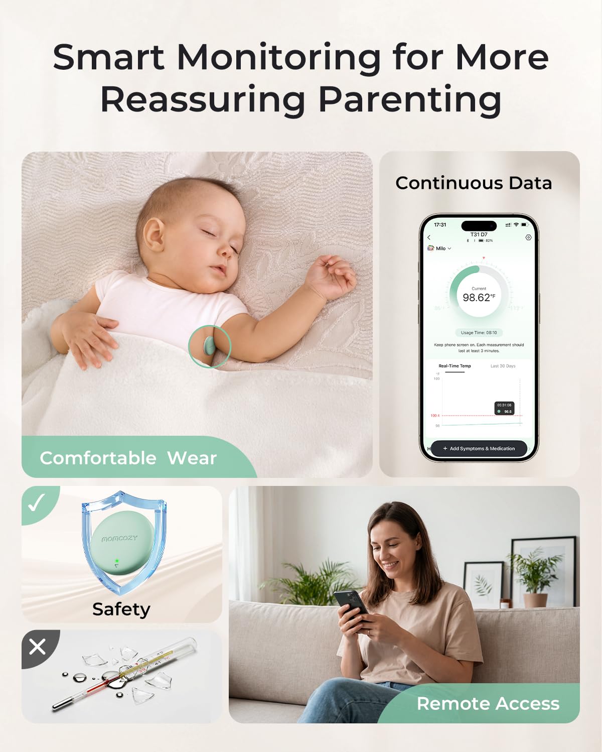 Momcozy Wearable Digital Thermometer for Baby, Continuous App Monitoring | Medical-Grade ,High Accuracy Thermometer for Kids & Infants, Instant Reads, Hypoallergenic 3M Sticker,APP Alert,Visual Trends - Image 4