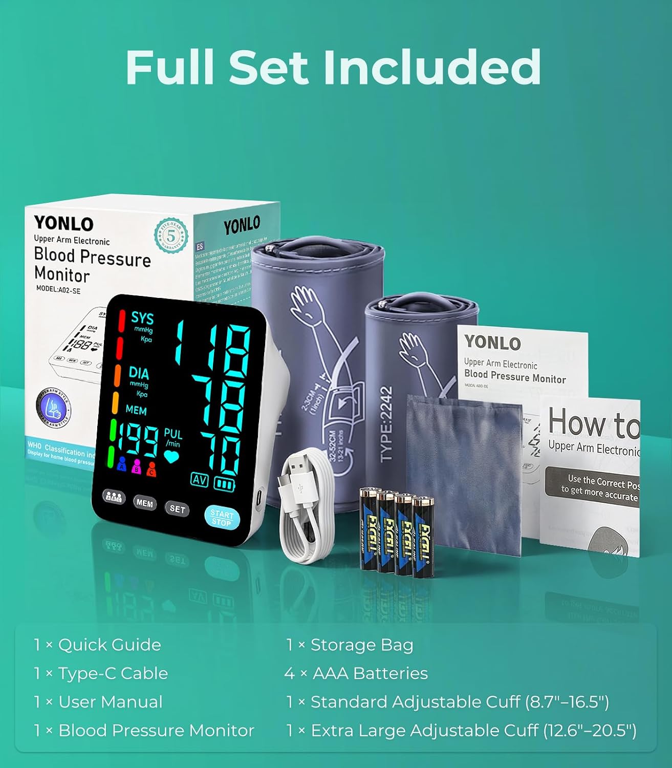 Automatic Upper Arm Blood Pressure Monitor, 3*199 Sets Memory, White | Dual Cuffs (9-17in&13-21in), Large LED Backlit Display, USB-C/4 AAA, Fast 35s reading, Home Use, one-touch, accurate readings - Image 7
