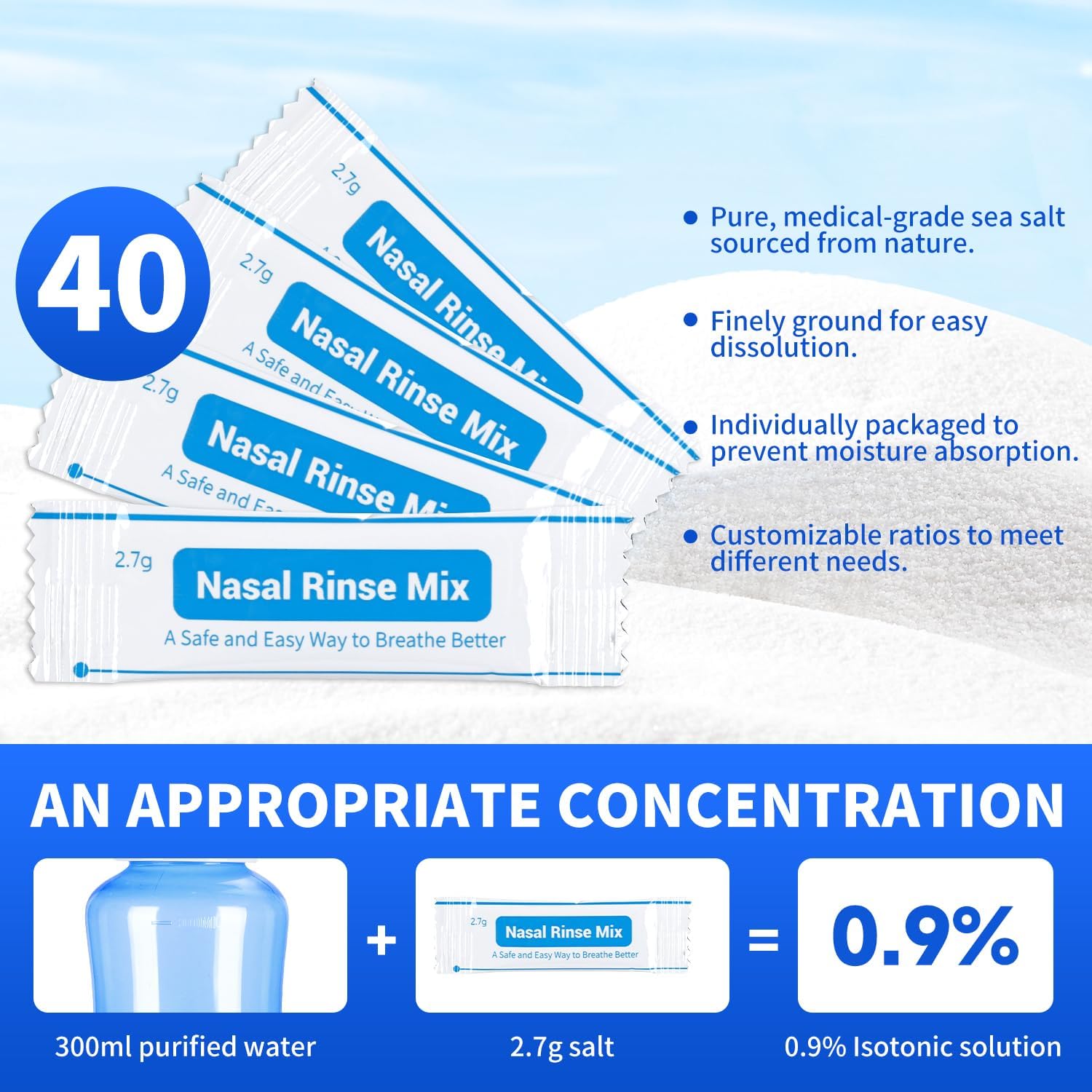 Neti Pot Sinus Rinse Bottle,Nasal Wash Bottle,Sinus Rinsing Cleaner Pressure Rinse Nasal Irrigation with Sticker Thermometer for Adult & Kid (300ml with 40 Nasal Wash Salt Packets) - Image 3
